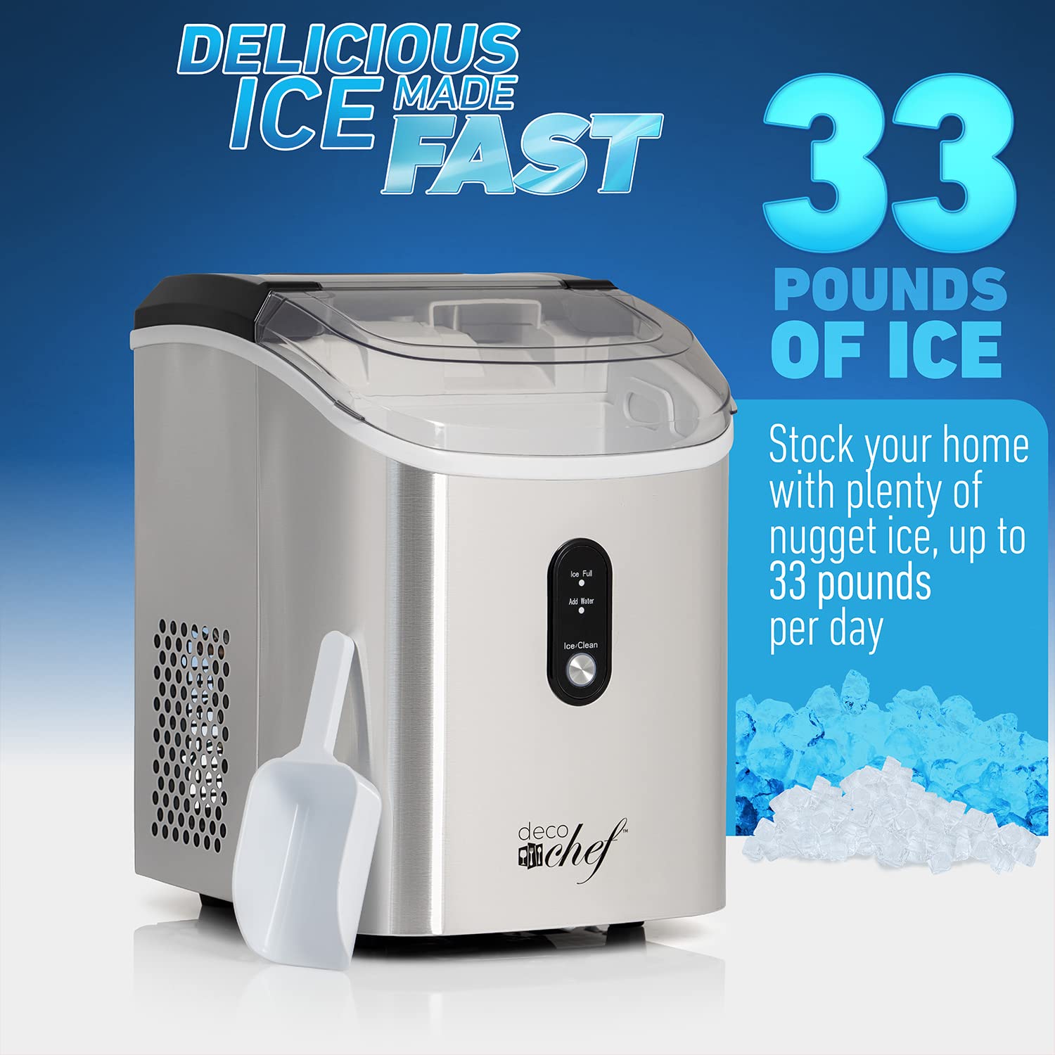 Deco Chef 33LB Per Day Countertop Ice Maker, 1-Click Automatic Operation, Self-Cleaning, Chewable Soft Nugget Ice, Stainless Steel on Fridge.com