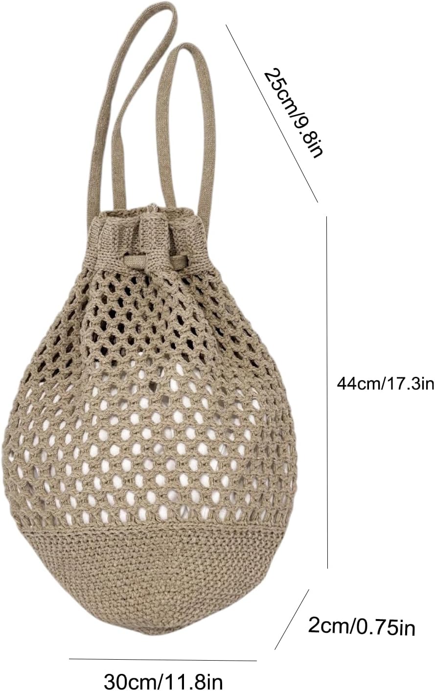 ENBEI Small Crochet drawstring Backpack Handmade crochet Purse for Beach,Travel, Beach Bag for Women,Lightweight Mesh Bag (khaki) - Image 2