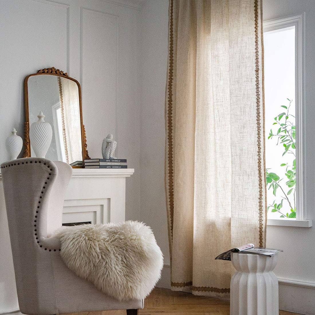 vctops Rustic Linen Textured Curtains with Floral Lace Trimmed Room Darkening Window Curtain Panel for Bedroom Living Room, 1 Piece (Beige,55"x102")