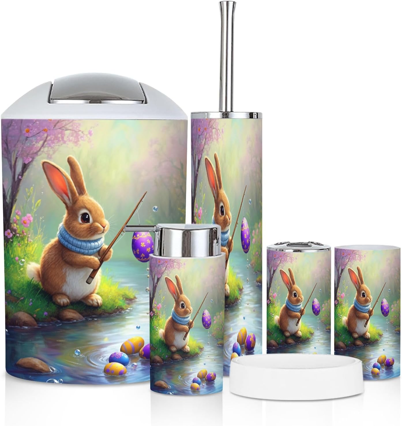 Bathroom Accessory Set 6 Piece Easter Spring Florals Colorful Easter Eggs Funny Bunny White Trash can, Toothbrush Holder, Soap Dispenser, Soap Dish, Toothbrush Cup, Toilet Brush Holder