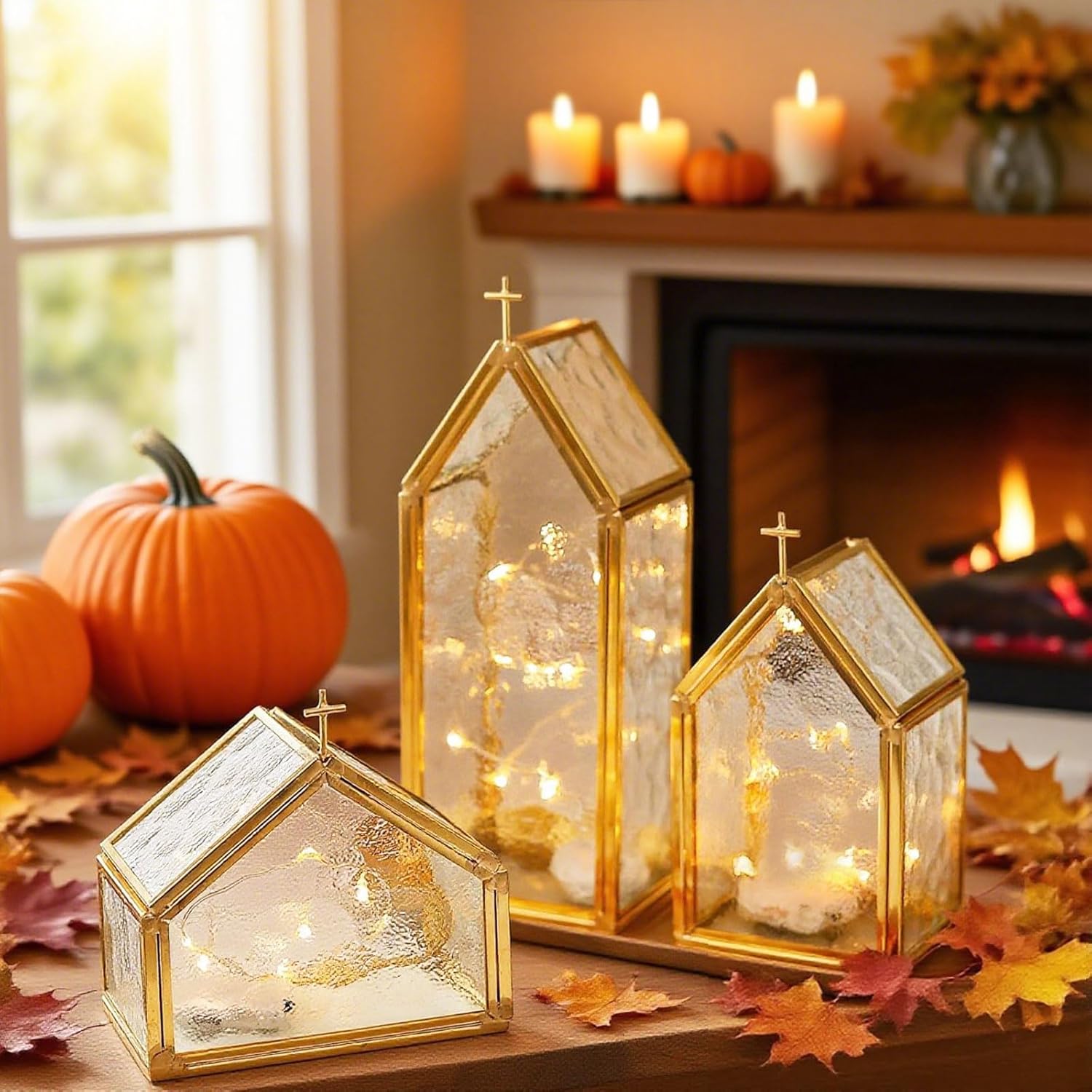 Set of 3 Glass Candle Holders, Gold Copper Frame Decorative Votive Candle Holders for Halloween Coffee Table, Fall Decor, Thanksgiving Table Accent, Housewarming & Wedding Gift