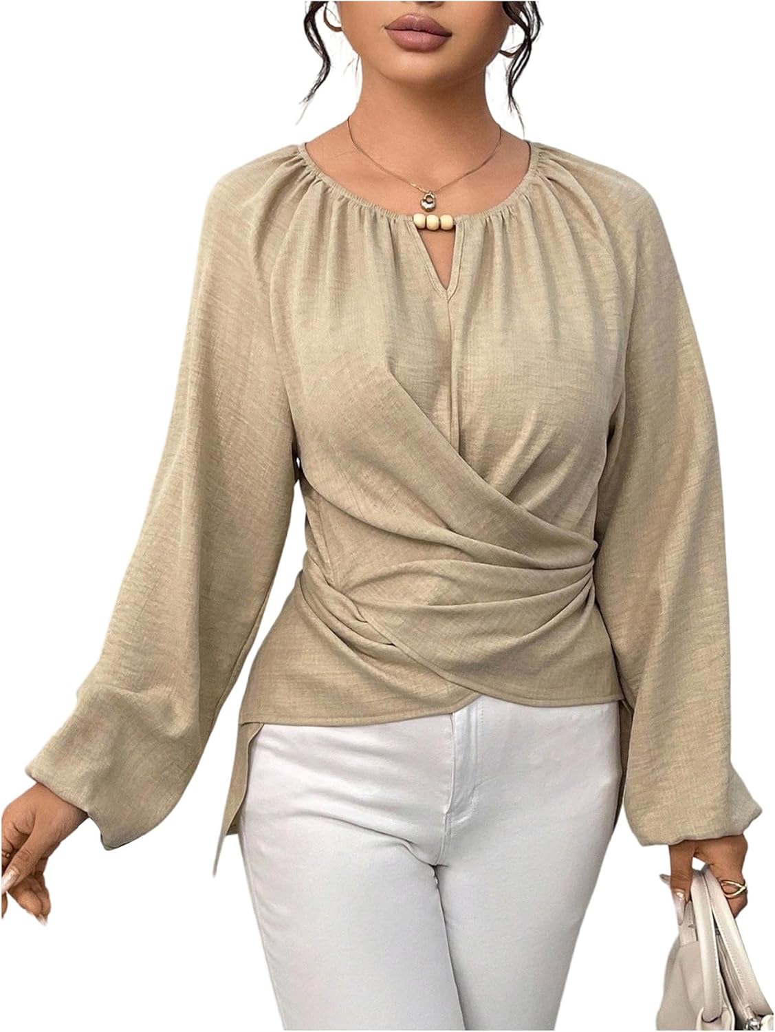 SweatyRocks Women's Plus Size Twist Front Long Sleeve Blouses Casual Wrap Asymmetrical Top