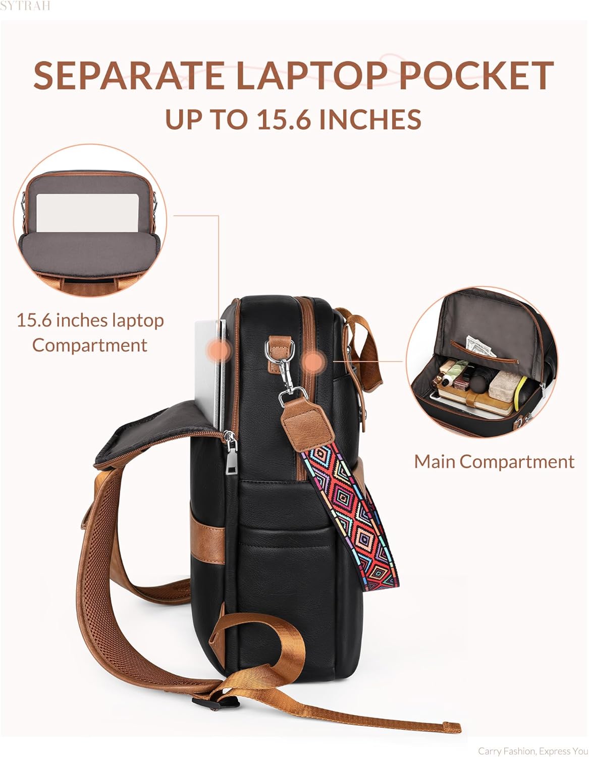 Leather Laptop Backpack 15.6 Inch Womens Laptop Bag, 3 IN 1 Computer Bag Handbag with Colorful Shoulder Bag Strap for Work Travel College Black Brown - Image 4