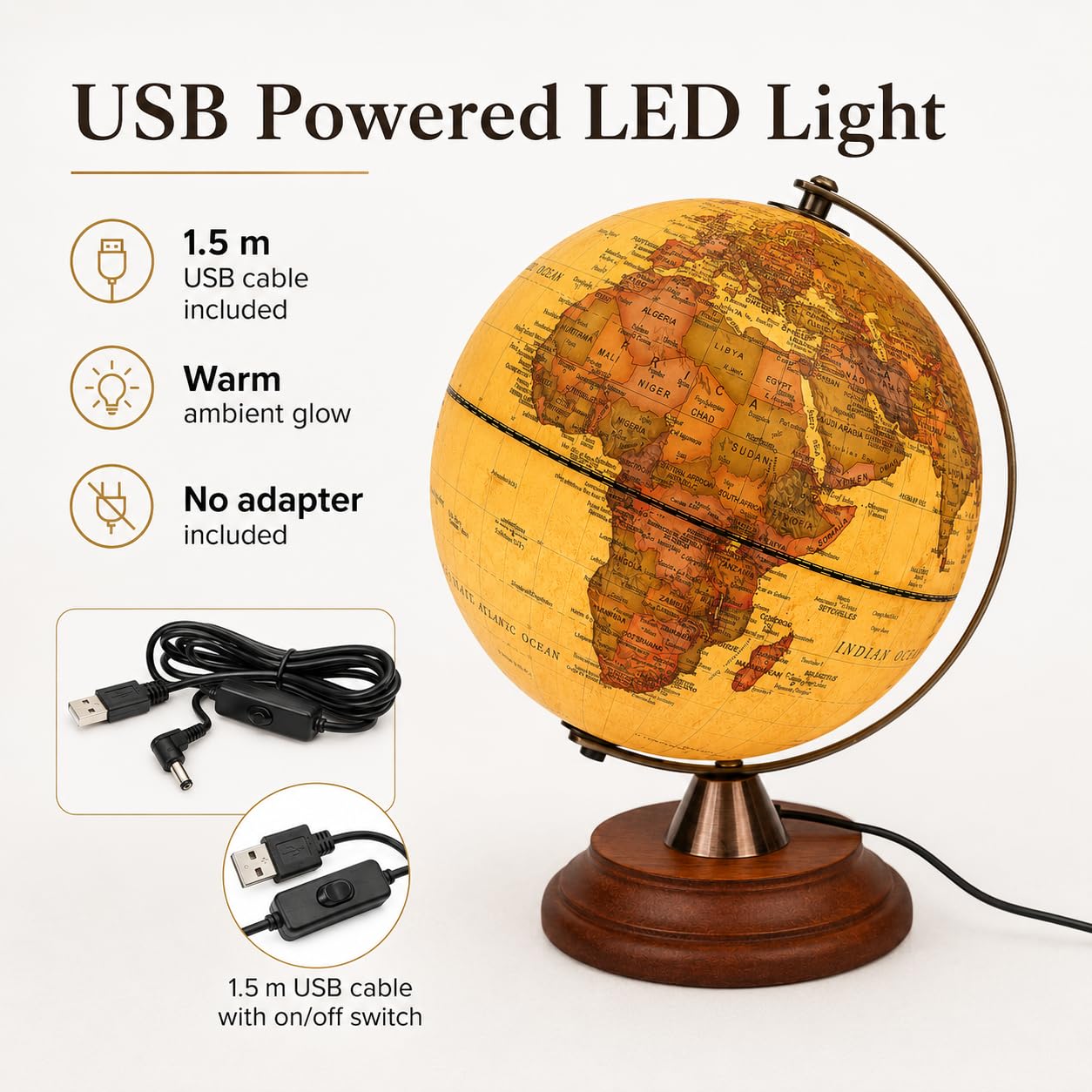 EXERZ 20 cm Leuchtglobus Antik Globus LED Holz Ständer Schülerglobus | Vintage Farbe Modernn Karte USB Cable Metall Arc für Zuhause Büro Schule Geografie Lernen und Gift Präsentation