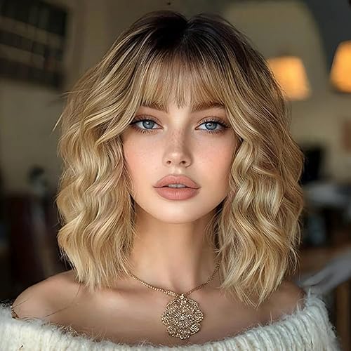 Ombre Blonde Wigs with Bangs Blond Wig for Women 14Inch