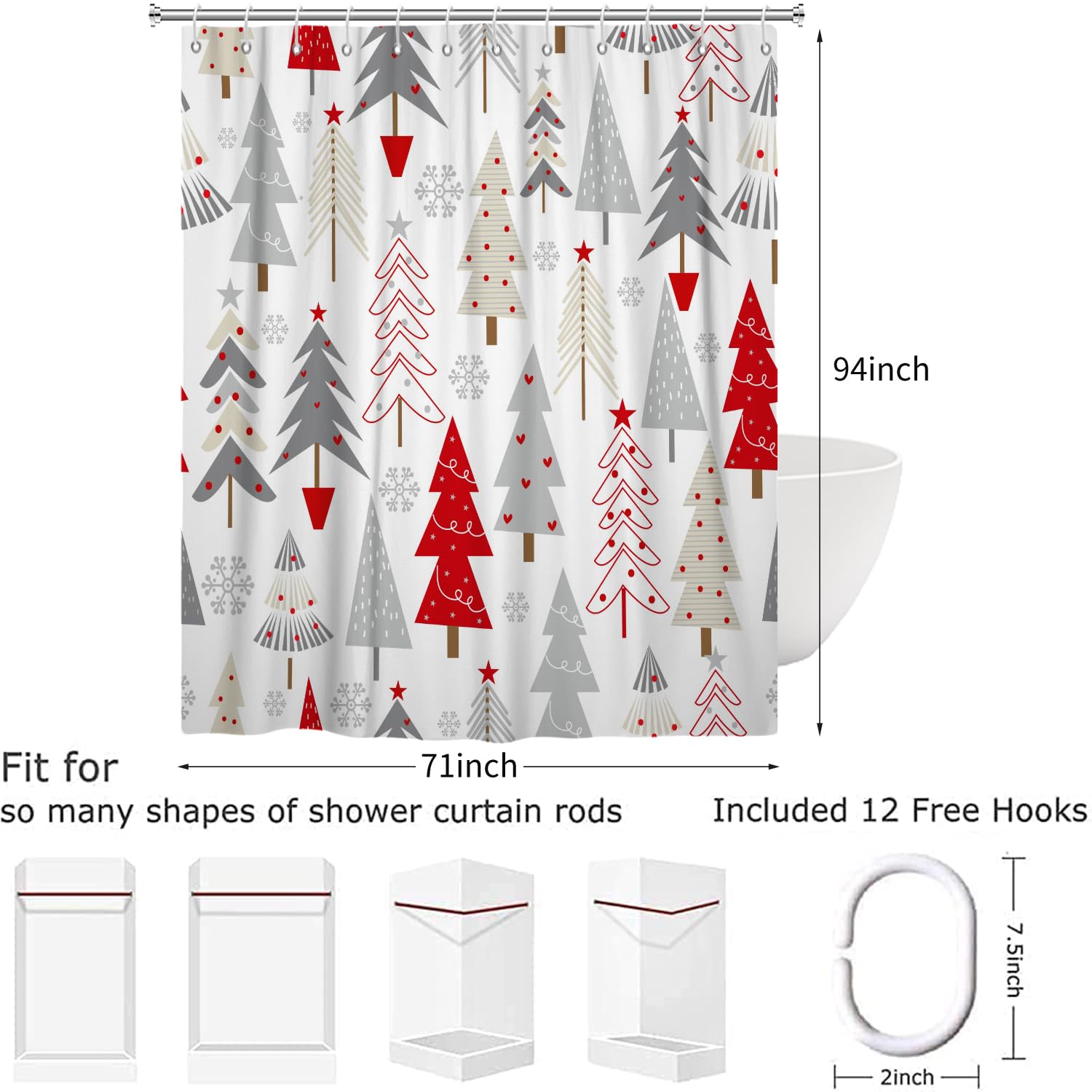 Weihnachts-Duschvorhang Mit Schneeflocken – Wasserdicht, 183x183 Cm, Festlich Rot