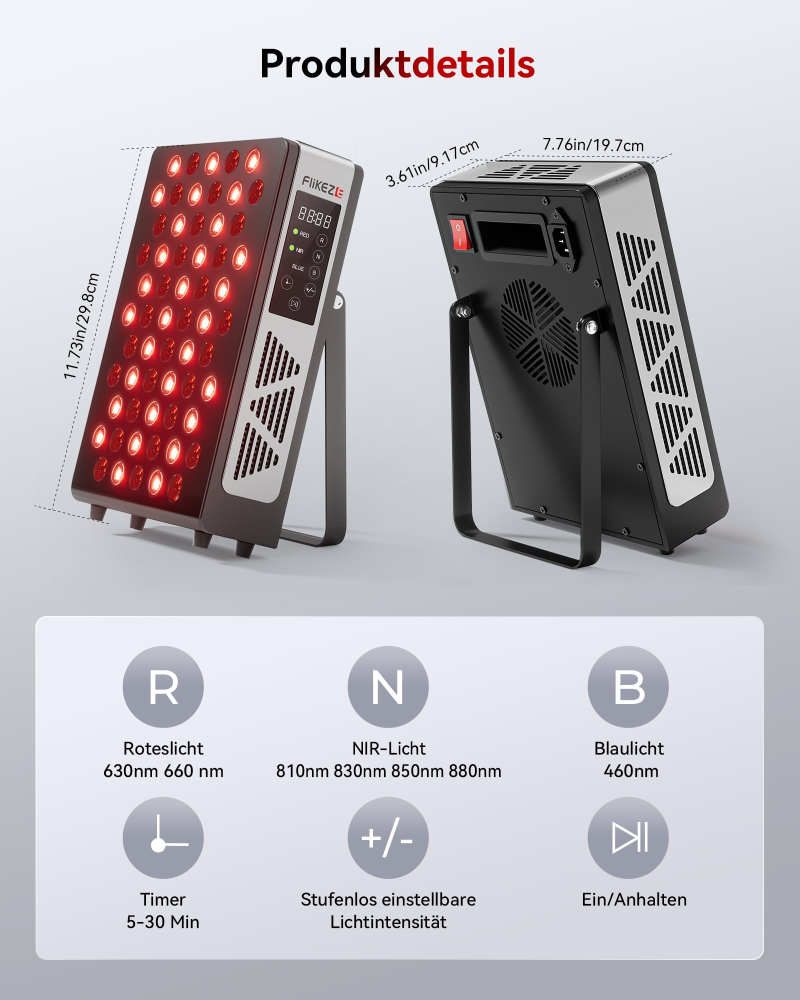 FliKEZE Czerwony Panel Świetlny, 60 Lampek, (460 nm, 630 nm, 660 nm, 810 nm, 830 nm, 850 nm, 880 nm), Lampa na Podczerwień z Timerem, 5 Regulowanych Intensywności dla Rodziny i Sportu (Model Elite)
