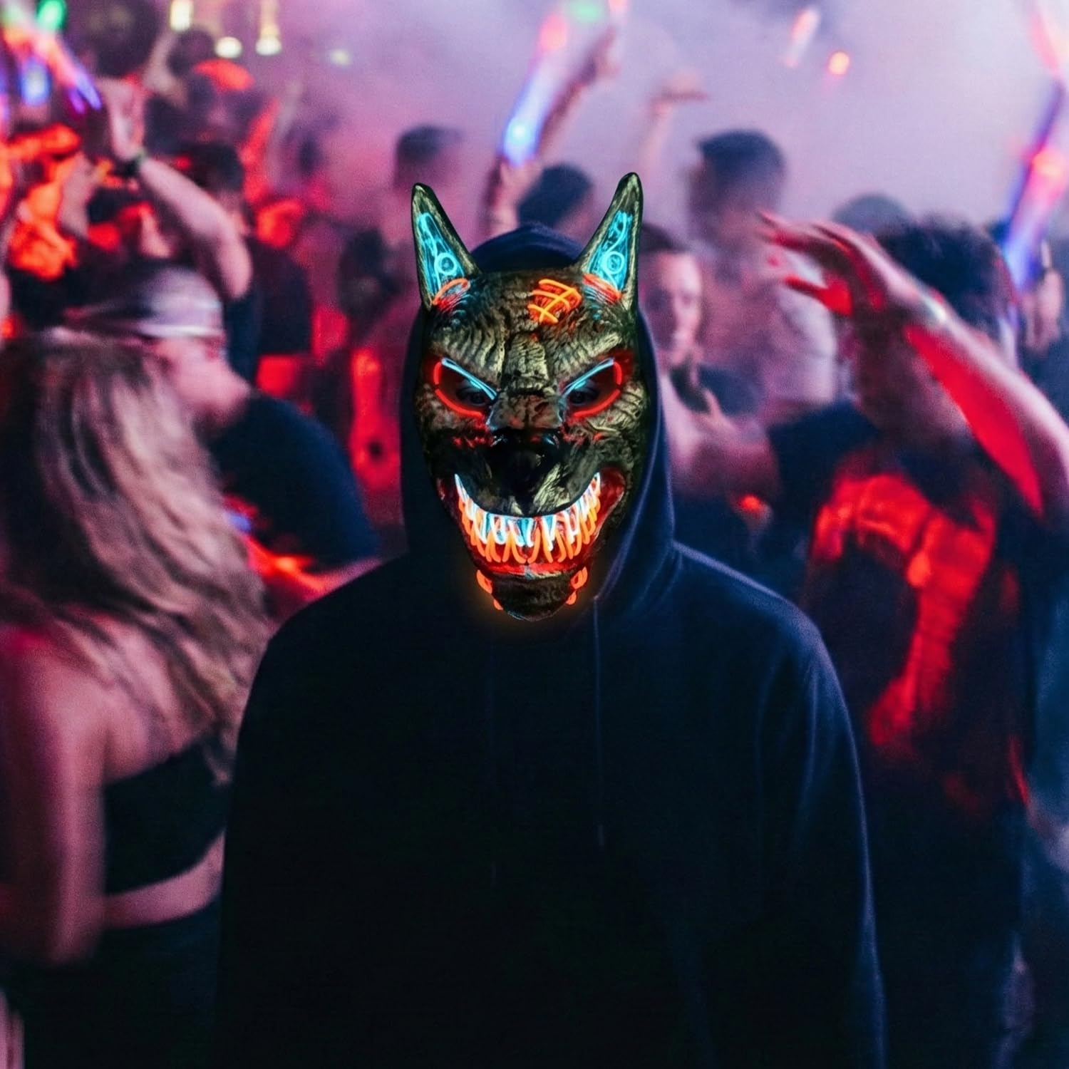 Original Cup Máscara LED Hombre Lobo | Plástico Rígido | 3 Modos de Parpadeo | Máscara LED de Halloween | Neón | 100% Horror | 100% Diversión