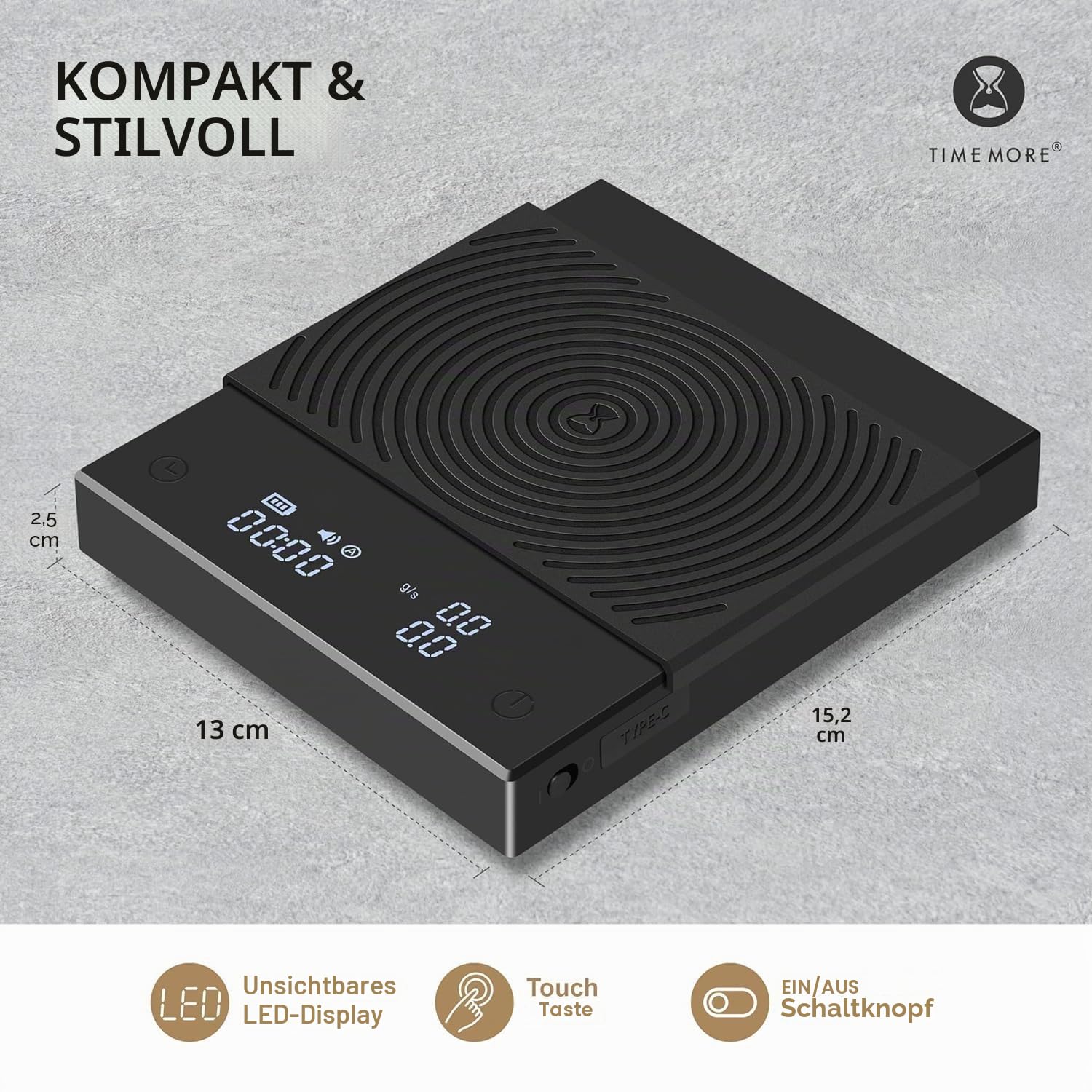 TIMEMORE Kaffeewaage, Espresso-Waage, Digitale Kaffeewaage mit Timer, 2000 g (Schwarz)