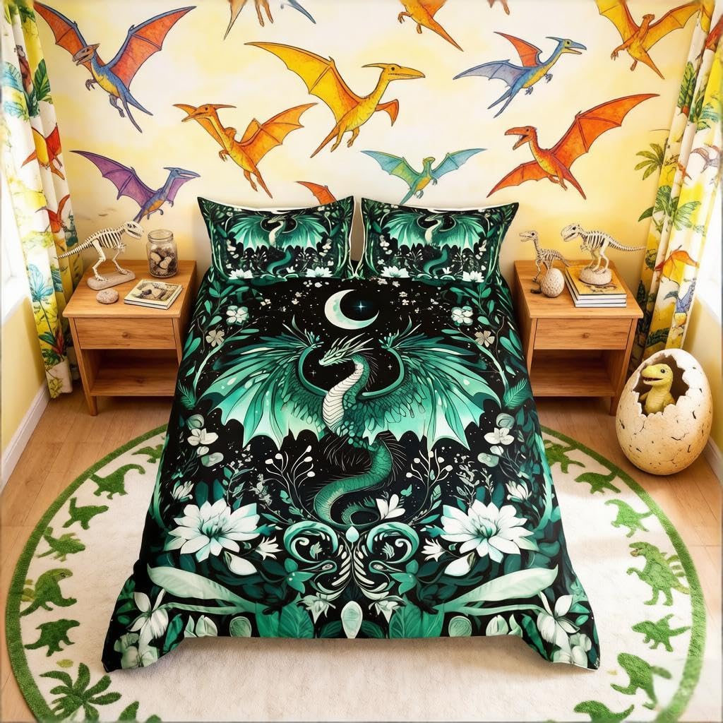 Loussiesd Kids Dragon Bedding Set Junior/Cot Bed Green Dragon Duvet Cover Animal Comforter Cover for Kids Boys Girls Boho Room Decor Zipper