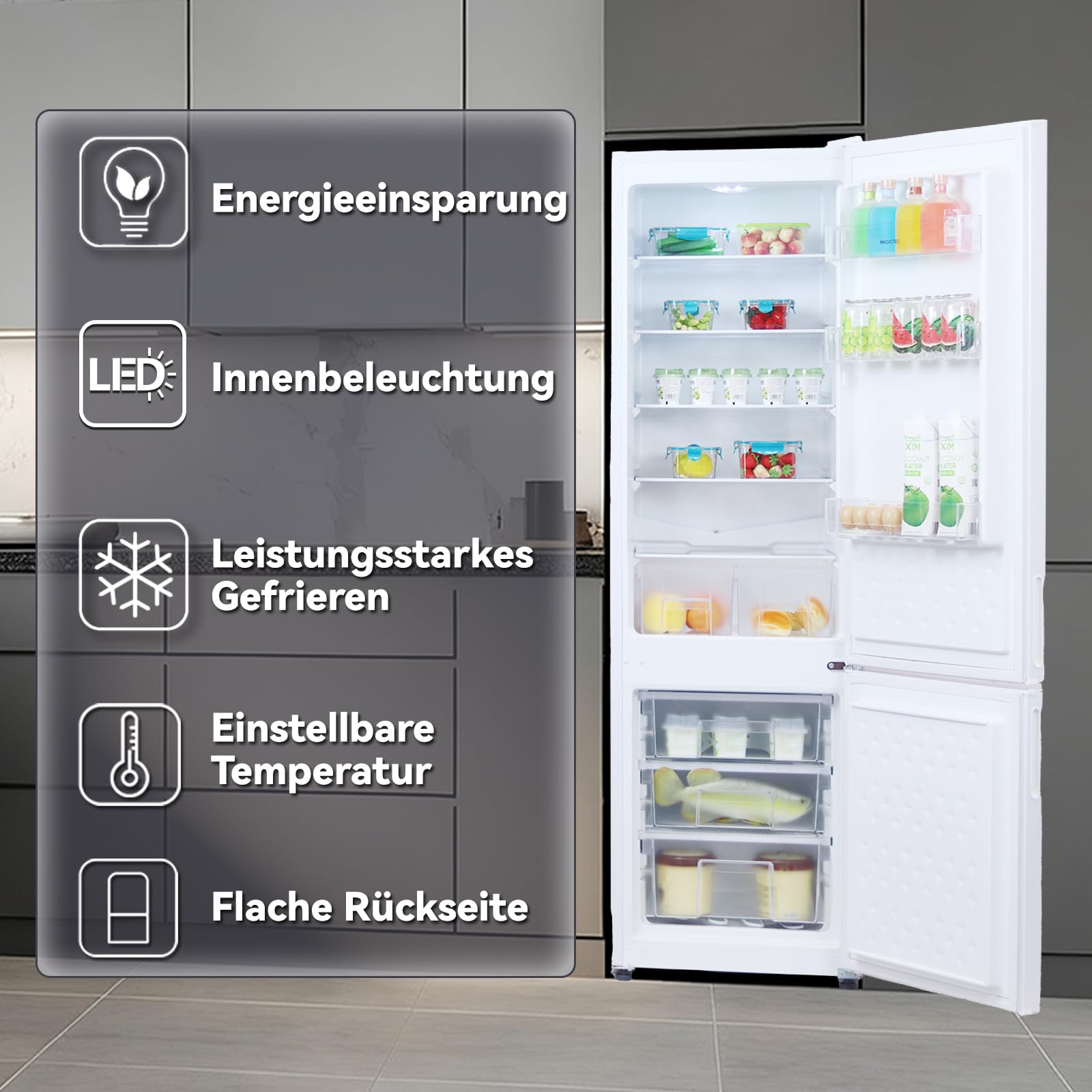 magictec MDRF266 Freistehender Kühlschrank mit Gefrierfach | 266L(192L/74L) | Kühl-Gefrierkombination | Low-frost | LED-Beleuchtung | Weiß