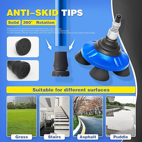 Vista 4 de BigAlex Bastón plegable con luz LED, base cuádruple giratoria, bastón ajustable con bolsa de transporte para hombres y mujeres azul(5'5"-6'3")