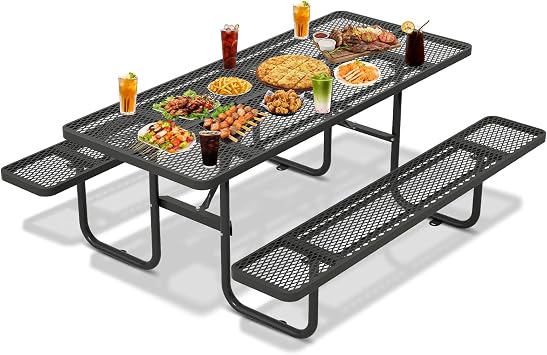72 Rectangular Steel Picnic Table for Outdoors,Commercial Metal Picnic Table with Umbrella Hole, Heavy Duty Sturdy Picnic Tables Furniture Set for Patio Garden Courtyard BBQ, Black