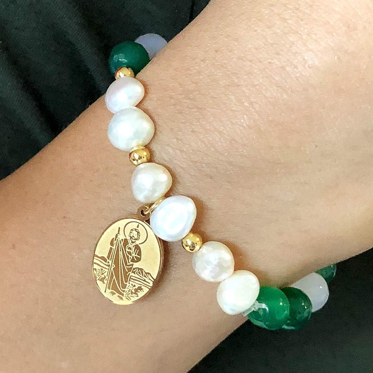 Catholic Town St. Jude Thaddeus Bracelet with Stainless Steel Medal and Pearl beads (SSBSJT-DGWG) - Image 3