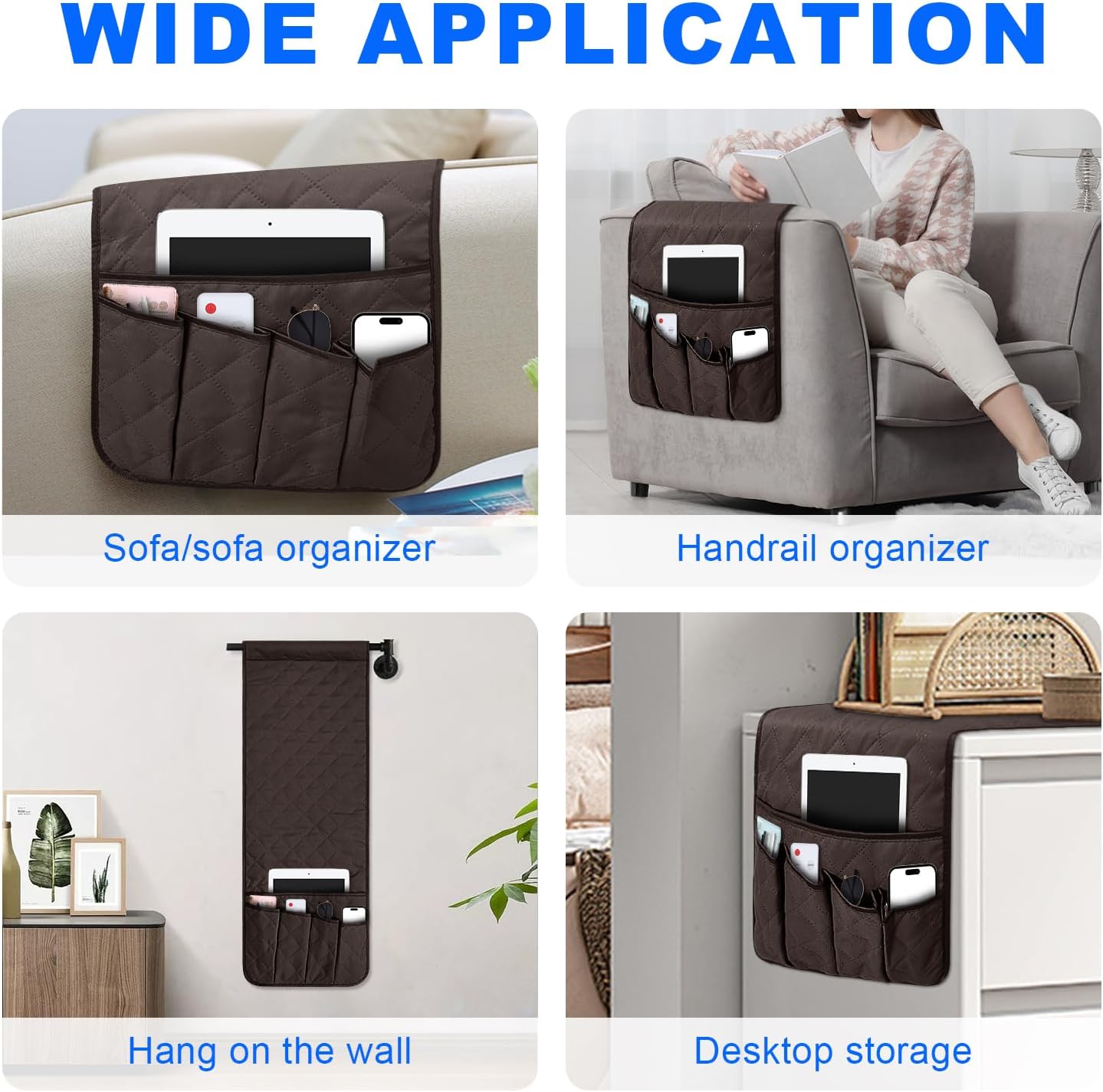 Grekos Sofa Armrest Organizer Remote Holder Bedside Caddy Organizer with 6 pockets, Chair Arm Holder Non-Slip Remote Control Holders Caddy for Magazine Tablet Phone Book