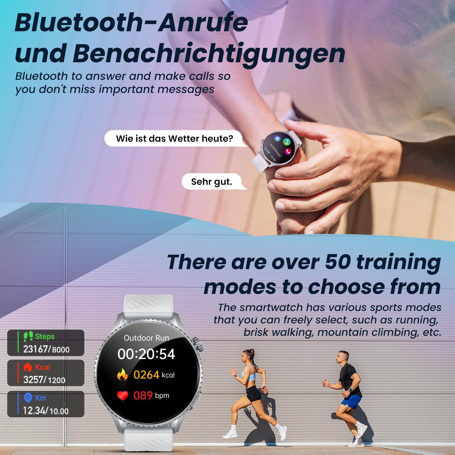 Smartwatch displaying sports data, with people running in the background