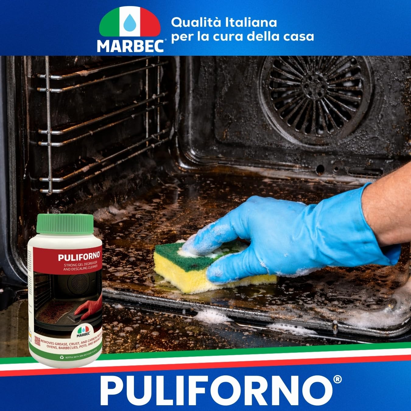 MARBEC PULIFORNO® 1KGX6Uds Gel detergente desincrustante para hornos y barbacoas, elimina grasa y costras negras, se adhiere a superficies verticales, sin disolventes.