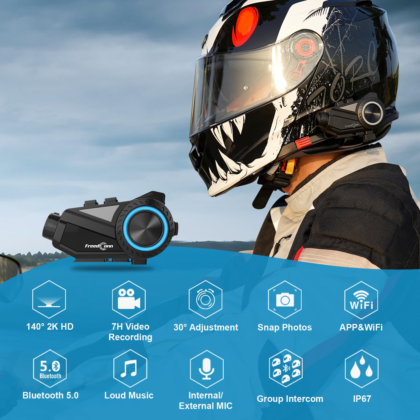 FreedConn Motorbike Bluetooth Intercom Headset Camera R3 with 2K 140° Lens 360°Shooting - Image 2