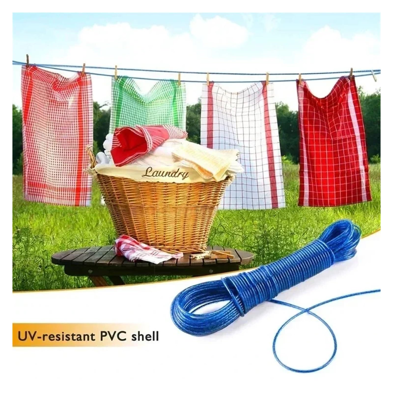 Wäscheleine 20 m Lange Wäscheleinen aus Stahldraht | Trocknen von Wäsche, Wäscheleinen, Wäscheständer for Kleidung, Camping, Outdoor, Garten, Wäscheleine(Blue-20M-1pcs)