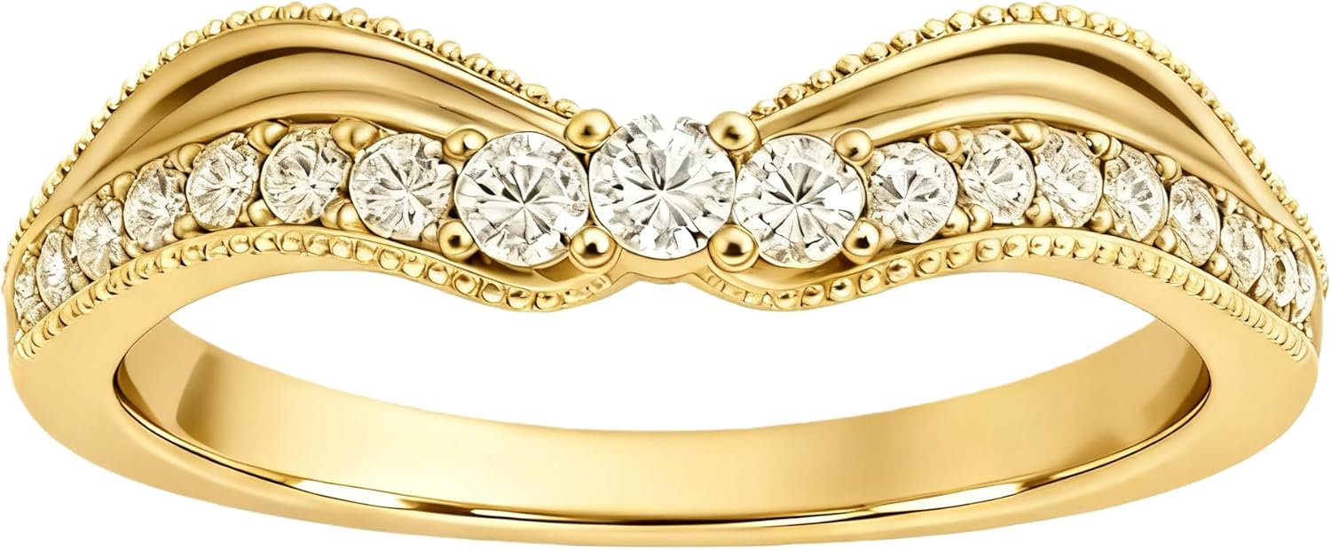 10K/14K/18K Solid Gold Diamond Band Ring for Women Curved Wave 0.18CTTW Lab Grown Diamond Wedding Anniversary Band
