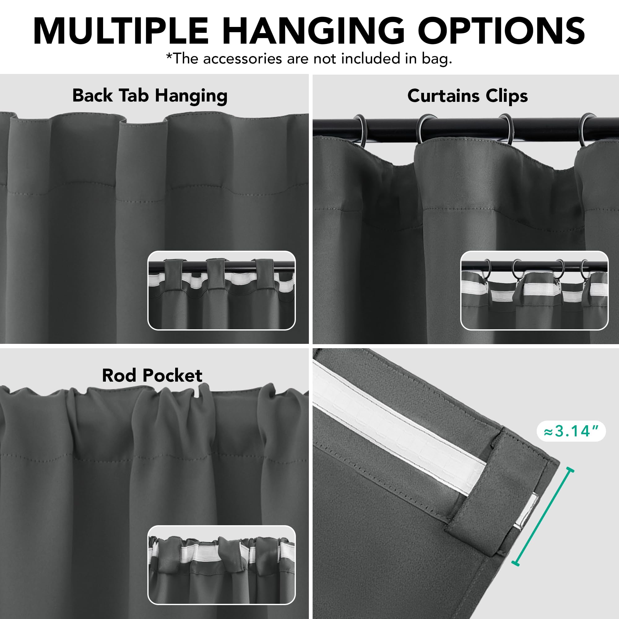 Deconovo Rideaux occultants, Opaques, avec Bandes froncées, Rideaux Thermiques 3 en 1, Chambre à Coucher, 2 Pièces140×300 CM (Largeur x Hauteur) Gris Foncé