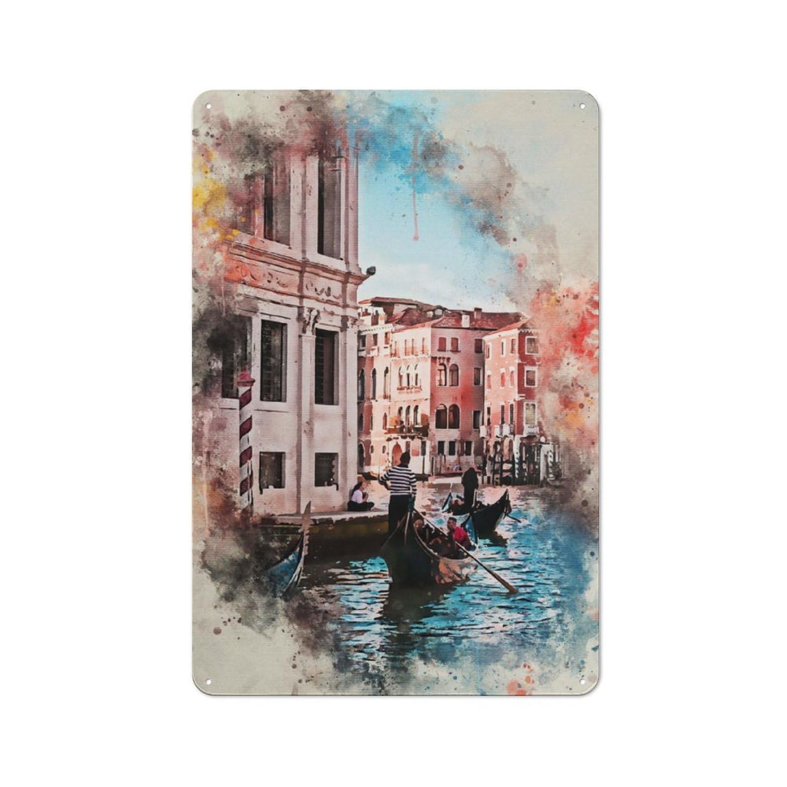 Junmoney Venice Italy Watercolor Retro Metal Wall Sign 30X20cm With For Pub Or Café, A Housewarming Gift For Hospitality Wall Decor Collectors