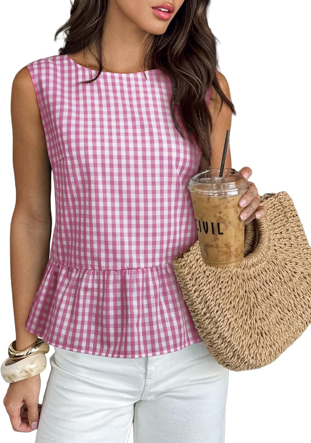 BLENCOT Women Gingham Sleeveless Shirts Ruffle Round Neck Peplum Tank Tops Business Casual Dressy Blouses - Image 5