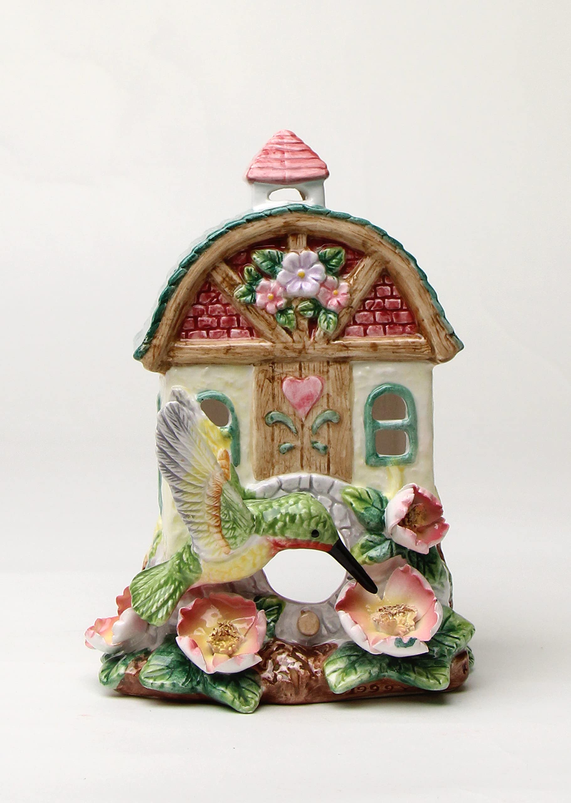 Fine Ceramic Hummingbird with Pink Wild Rose Birdhouse Tea Light Candle Holder Figurine, 6-1/8