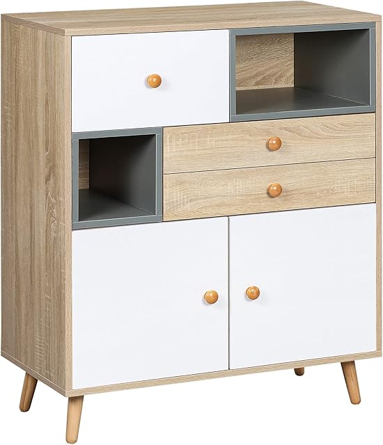 HOMCOM Modern Sideboard Storage Cabinet, Free Standing Accent Cupboard with 3 Drawers for Bedroom, Living Room, Hallway, Natural, White, Grey