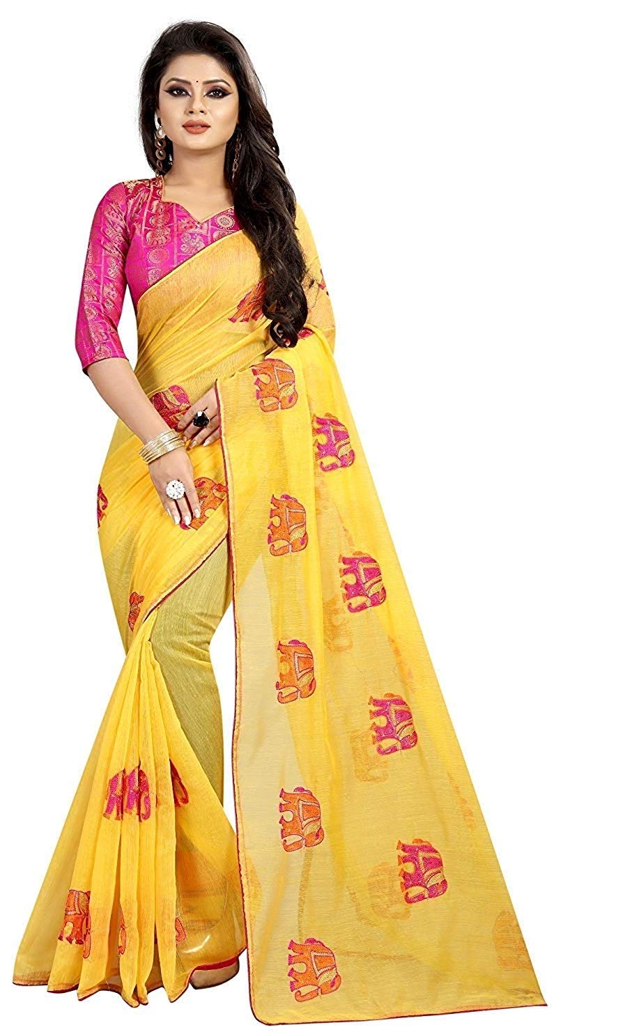 Prutha FashionSilk Sarees Women's Chanderi Silk Saree With Blouse Piece (BeigeYellow)