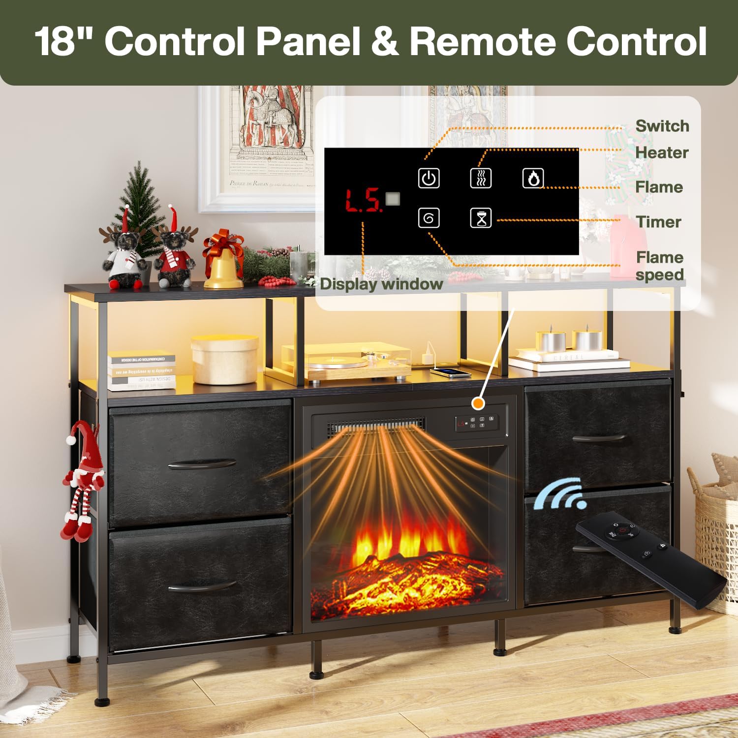 Fireplace TV Stand with 4 Drawers, Black Dresser TV Stand with Power Outlets & LED Lights for 55" TV, Small Entertainment Center with Fireplace with Open Shelf, PU Leather Surface Drawers