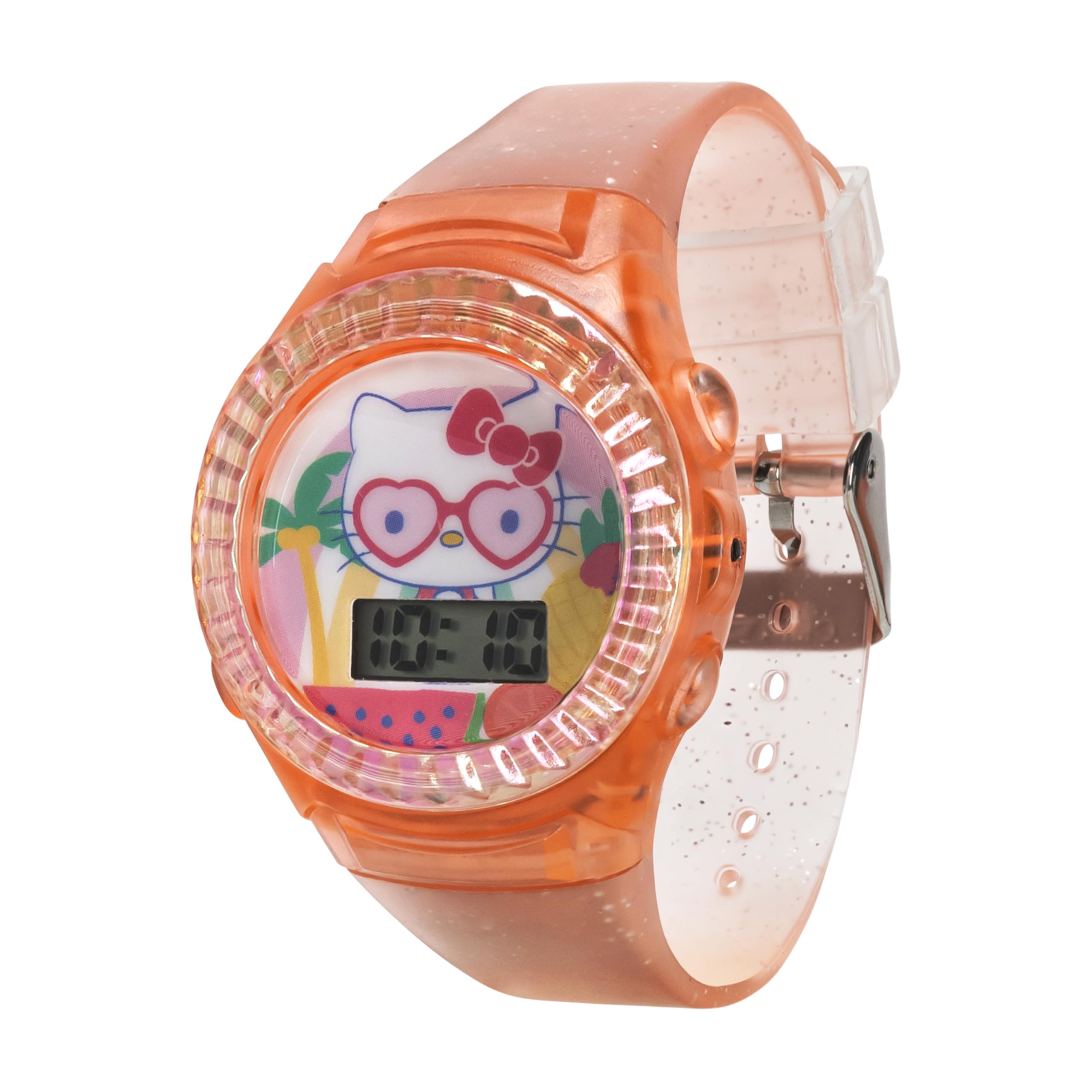 Sanrio Hello Kitty Kids LCD Watch – Pink Glitter Strap, Transparent Case, Iridescent Bezel, Digital Display, Cute Floral Printed Dial, Adjustable Fit, Perfect for Girls – Fits Wrists 5.5” to 8”