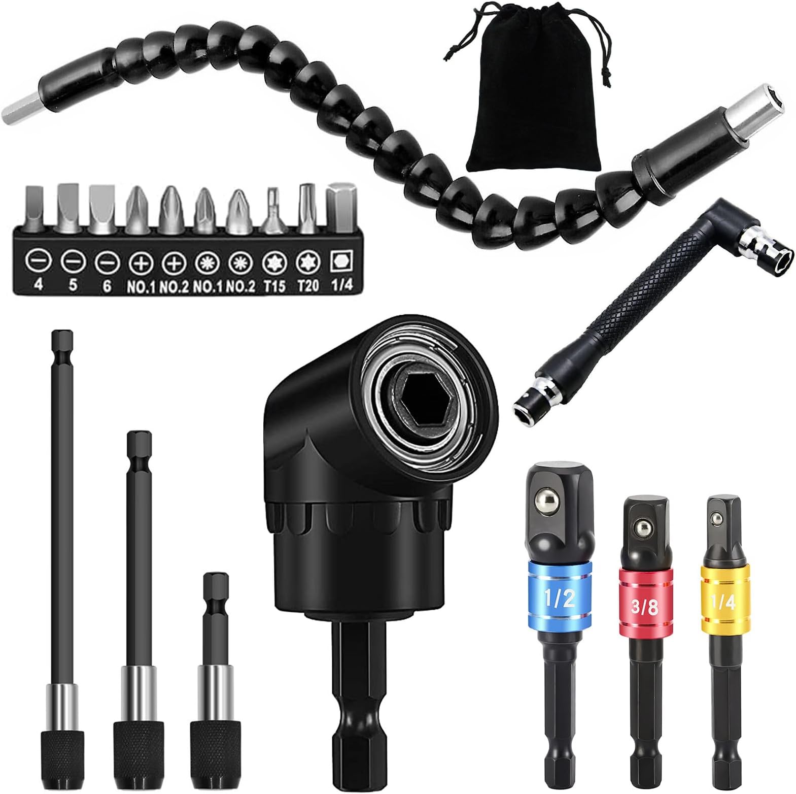 Flexible Drill Bit Extension Set, includes 105° Right Angle Drill Attachmen, Rotatable Joint Socket 3pcs 1/4 3/8 1/2 in Hex Socket Adapter, Bendable Drill Bit Extension Screwdriver Bit