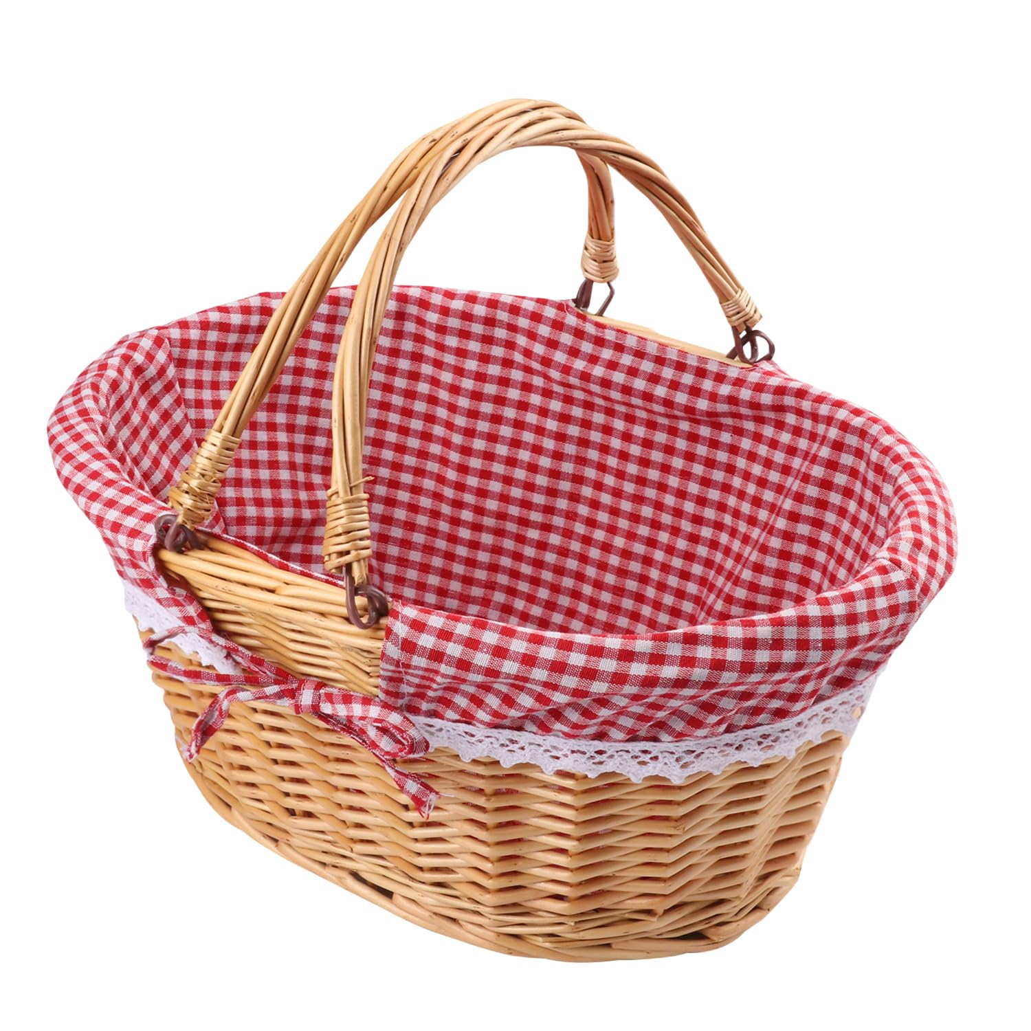 GNIEMCKIN 1 cestino in vimini da 35,5 cm con manico, cestino da picnic in vimini con fodera a scacchi, cestino ovale in vimini intrecciato per frutta, vino, matrimoni, picnic