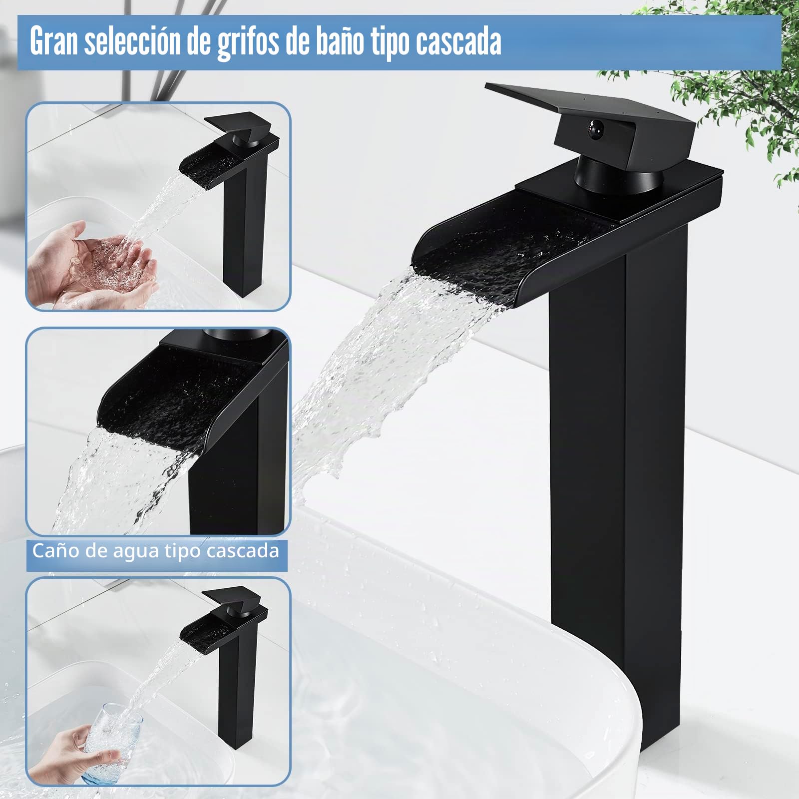 Grifo Lavabo Cascada Negro Alto Grifo de Lavabo, Grifo para Baño de Latón, Monomando Lavabo Mezclador con Altura de Pico de 265 MM, Gran Salida de Agua, Agua Fría y Caliente Disponibles, G 3/8