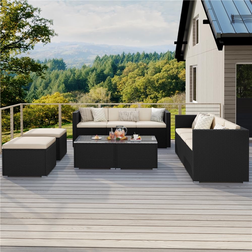 Yaheetech 5 Pezzi Set Mobili da Giardino Rattan PE con Cuscini Tavolo Laterale Nero Beige