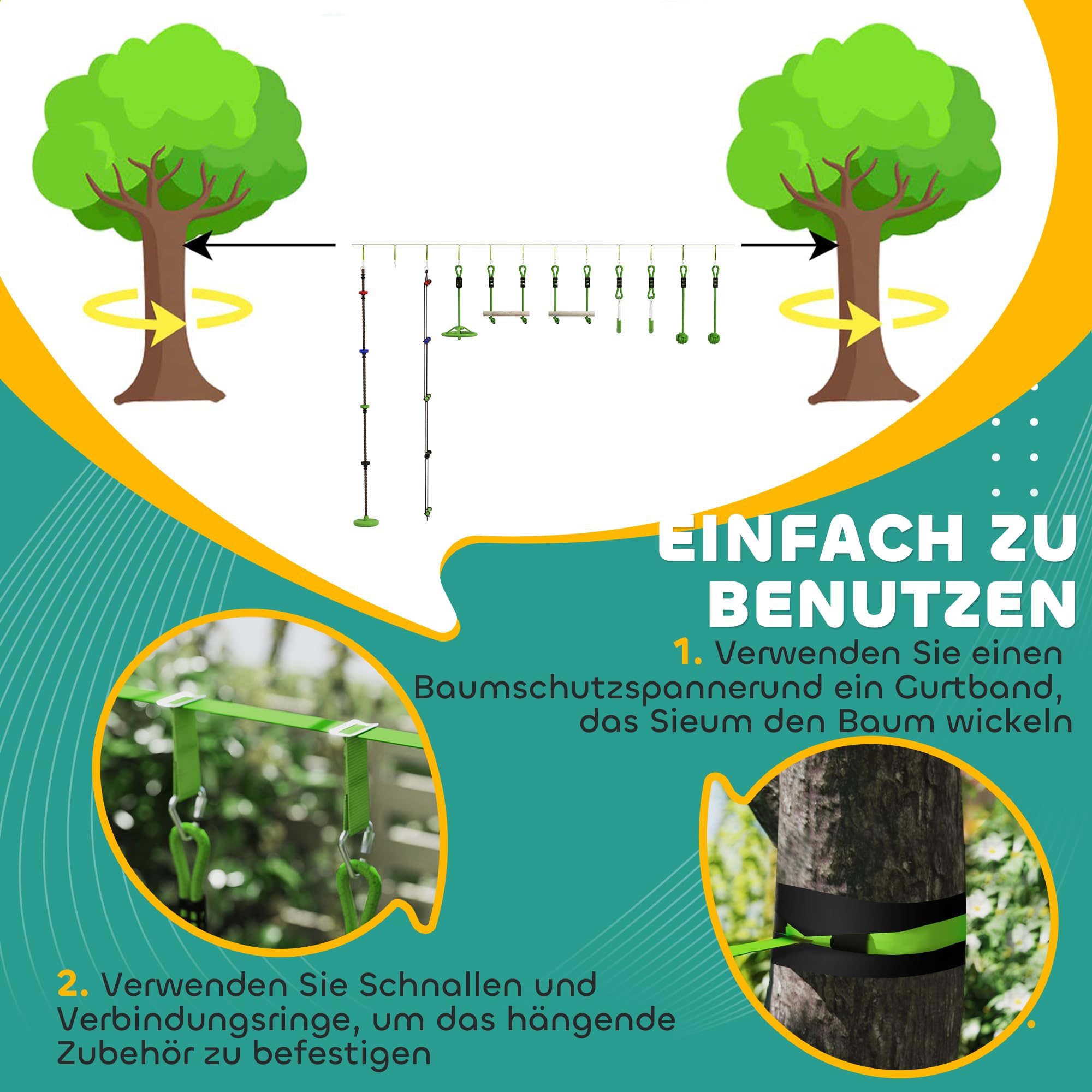 AIYAPLAY Ninja Slackline 10 m für Kinder Ninja Warrior Hindernisparcours Set mit Slackline Turnringe, Spinnerrad, Schaukel, Kletterstangen, Hängetablett, Kletterleiter, Hinderniskurs im Garten Outdoor