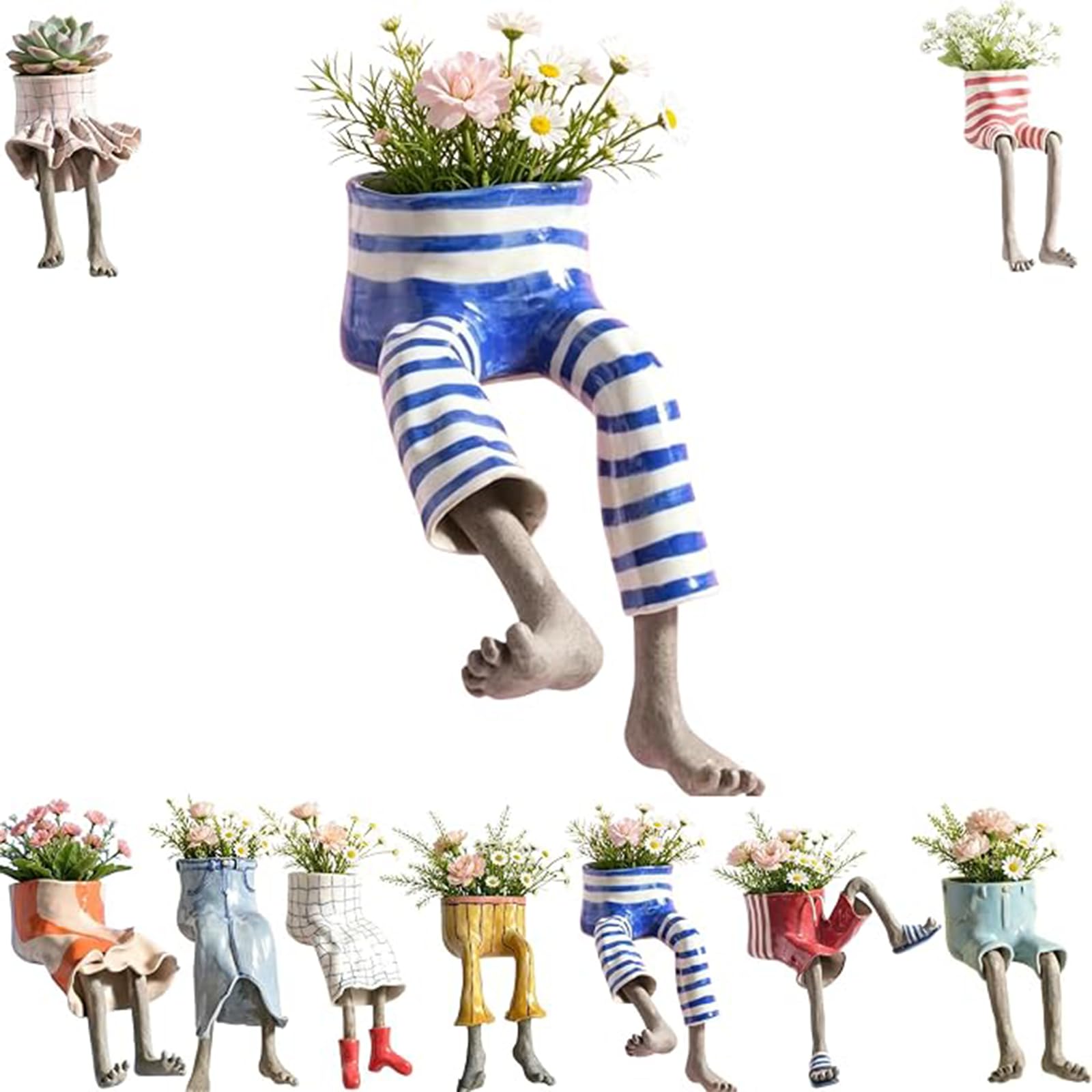 Nikyrme Sitting Human-Leg Planter For Succulent Lovers Creative Hanging Legs Planter with Hidden Drain,Playful Sitting Design Flower Pot,Dangling Legs Leggy Planter For Succulents/Herbs (#08)