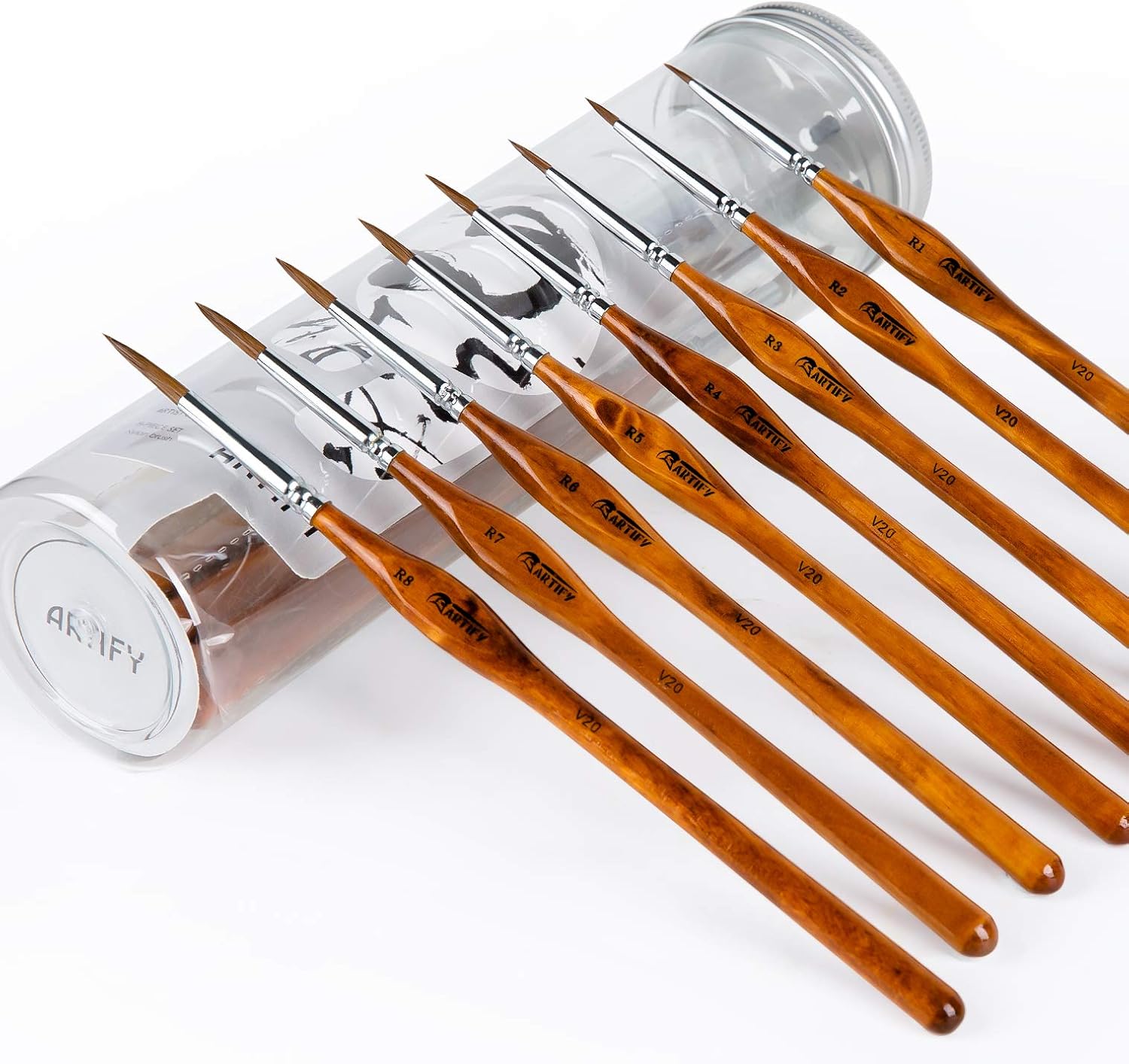 ARTIFY Detail Paint Brush Set - 8 pcs Weasel Hair Brush Miniature Painting Brushes Kit Mini Paints Brush Set for Acrylic Watercolor Oil Face Nail Scale Model Painting Line Drawing (Wood Color)