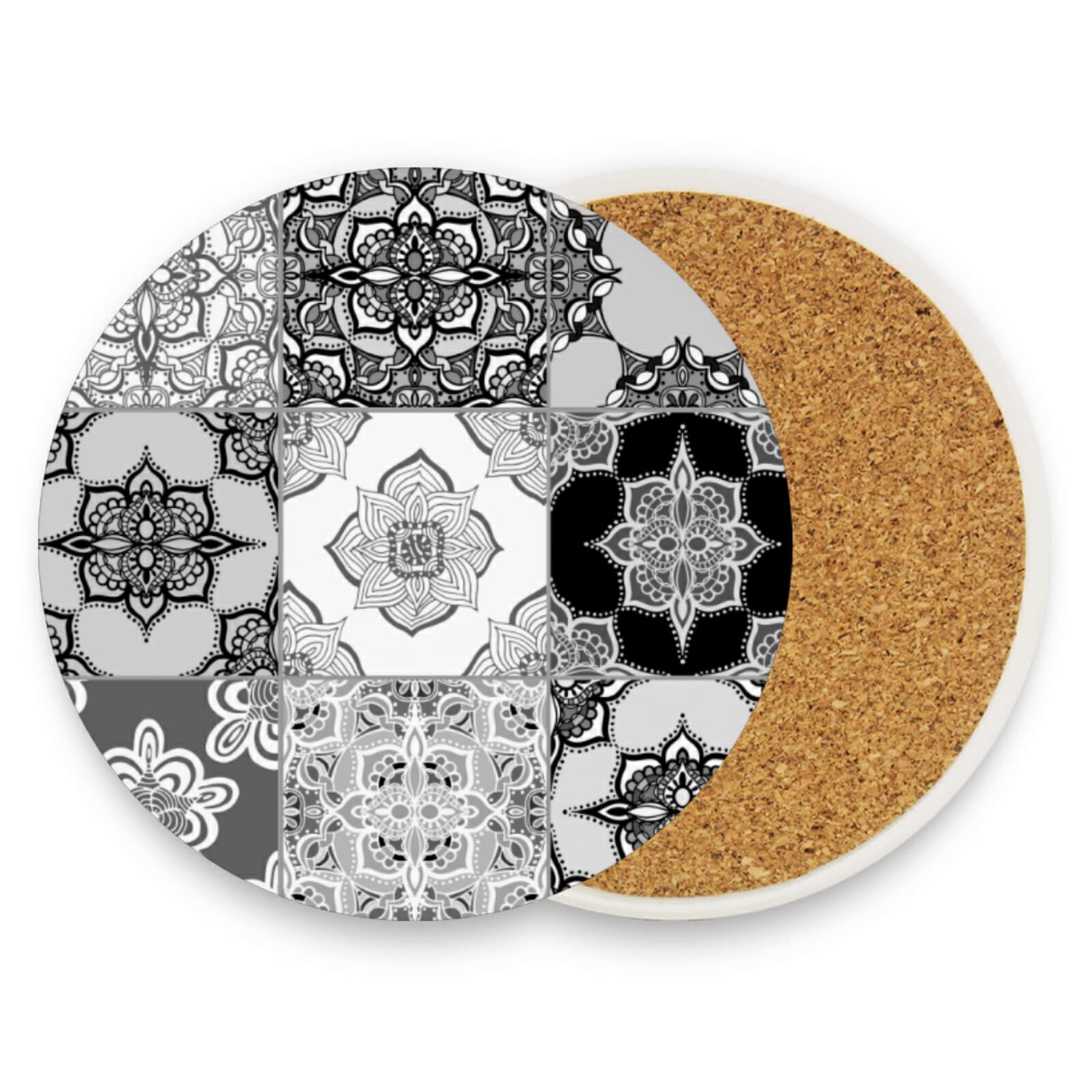 Poeticcity White Tribal Moroccan Portuguese Tiles Ornaments Black Pattern 2 Pcs Ceramic Mug Coaster For Drinks, Stone Coasters Holder With Cork Base, Oversize Cup Mat Pad For All Mugs, Housewarming Gift
