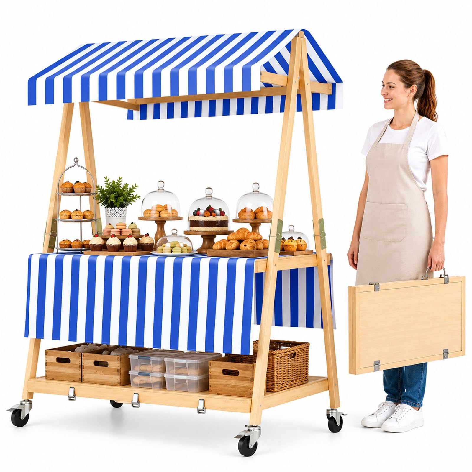 Stand Espositore Pieghevole in Legno con Tettuccio | Carrello Alimentare Portatile in Legno, Stand a 2 Livelli per Mercati e Feste(Blue,136cm/54")