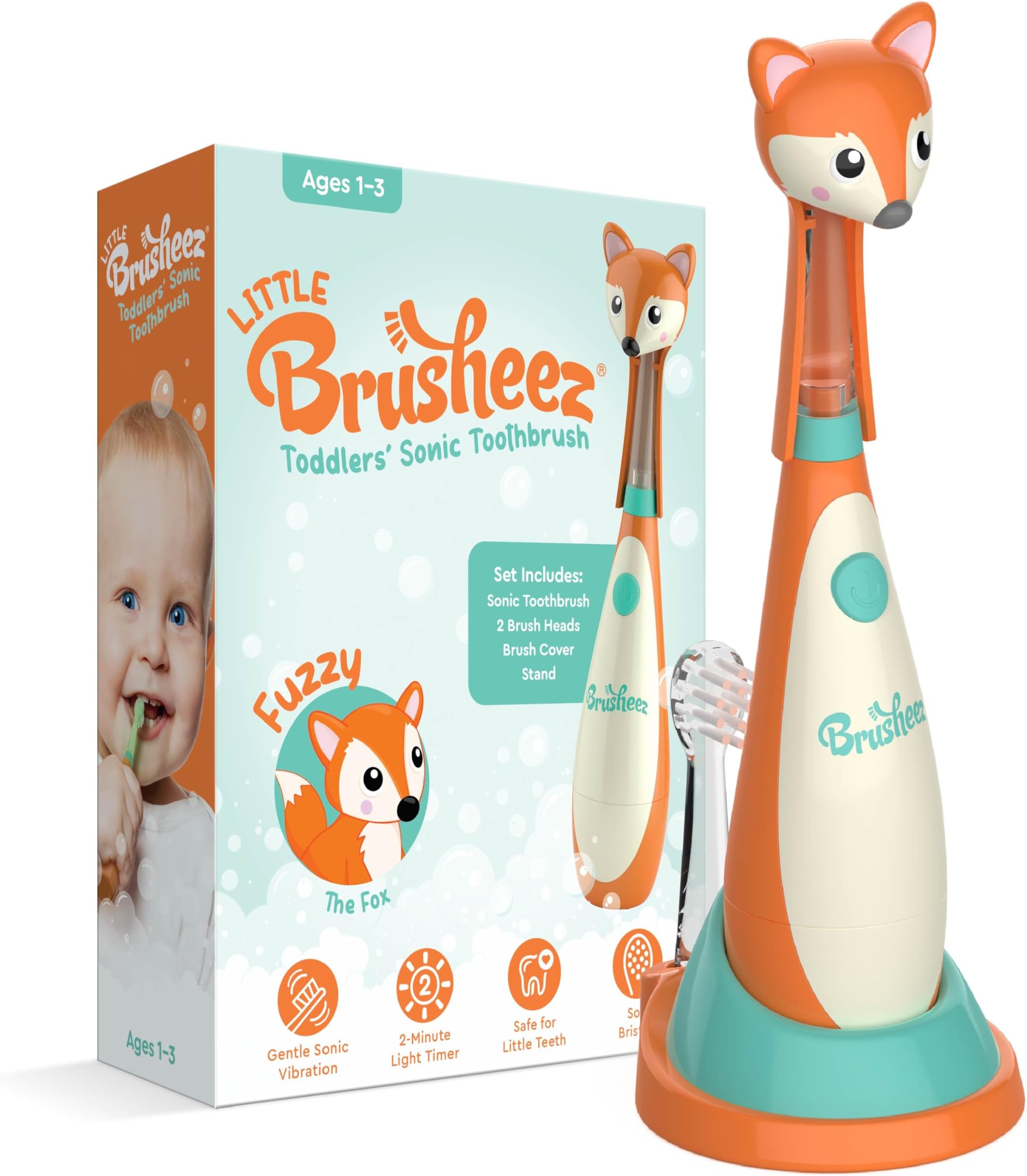 Little Toddlers’ Sonic Toothbrush - Safe & Gentle Toothbrush for Ages 1-3 with Built-in, Light-Up 2-Minute Timer, Extra Brush Head, & Storage Base for First-Time Brushers (Fuzzy the Fox)