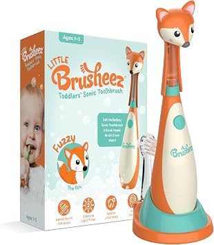 Brusheez Little Toddlers Sonic Toothbrush - Safe & Gentle Toothbrush for Ages 1-3 with Built-in, Light-Up 2-Minute Timer, Extra Brush Head, Storage Base for First-Time Brushers Fuzzy the Fox