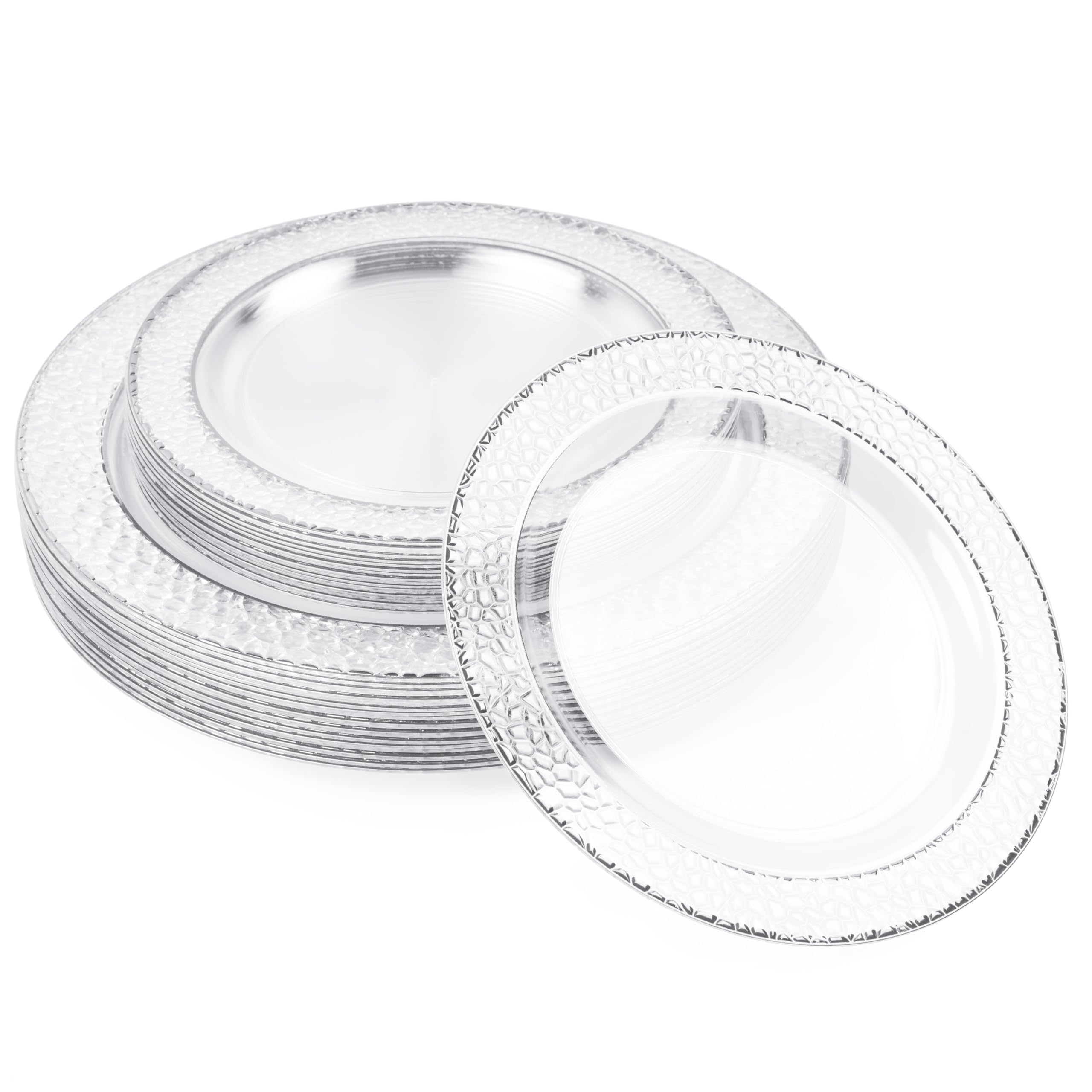 MATANA 80 Premium Plastic Plates with Silver Rim, 2 Sizes, Reusable Plastic Plates, Party Plates Silver for Weddings, Birthdays, Parties, Elegant and Sturdy Party Tableware