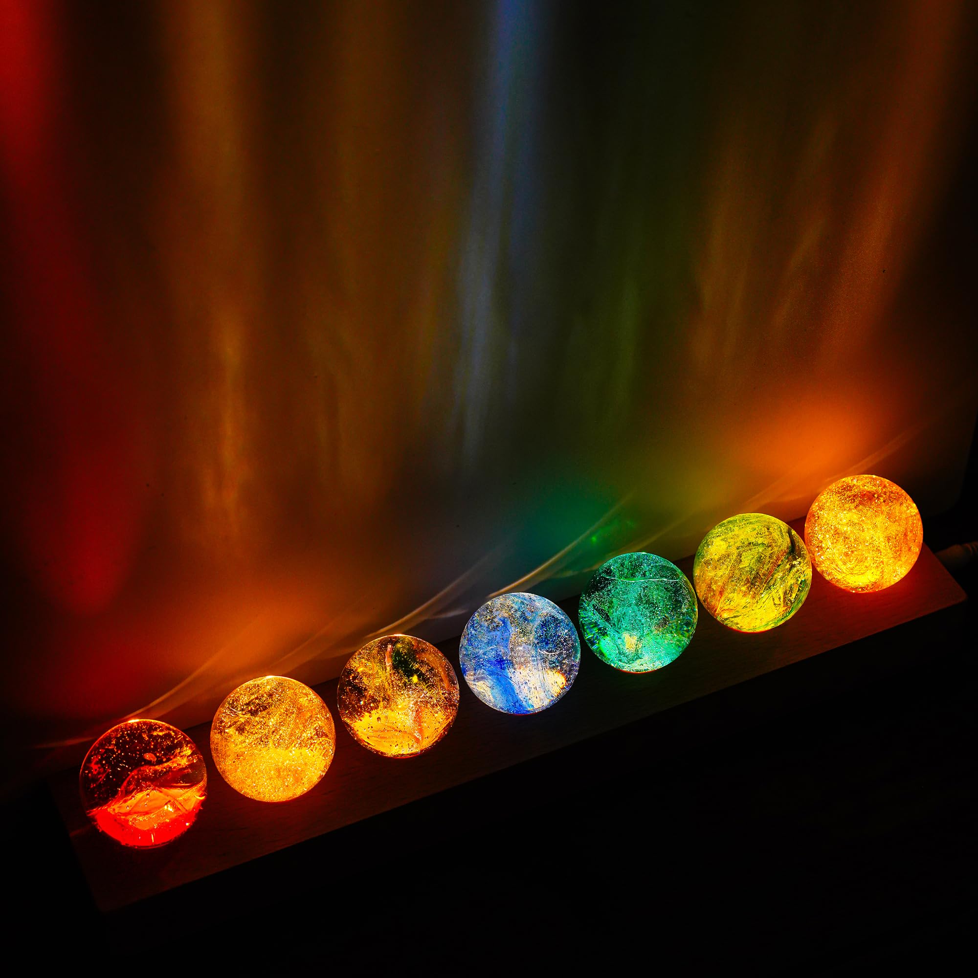 kanpura 7 Chakra Crystals Spheres Sets 40mm Crystal Healing Ball with LED Wooden Stand for Meditation Night Light Decoration Balls for Home Office Decor Gifts