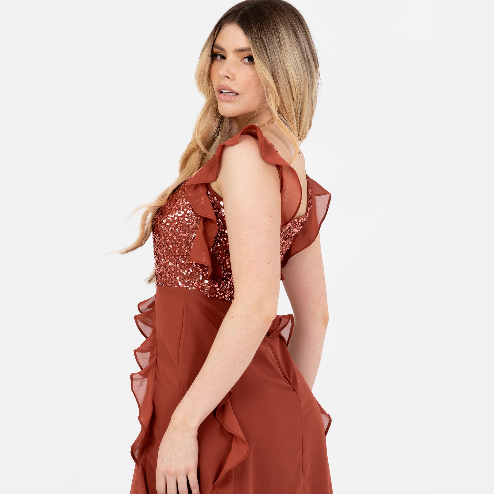 Maya Deluxe Vestido Midaxi para Mujer, sin Mangas, Cuello Cuadrado, Lentejuelas, Adornado, Volantes, Acampanado, Dobladillo Escalonado, Vestido de Baile de graduación