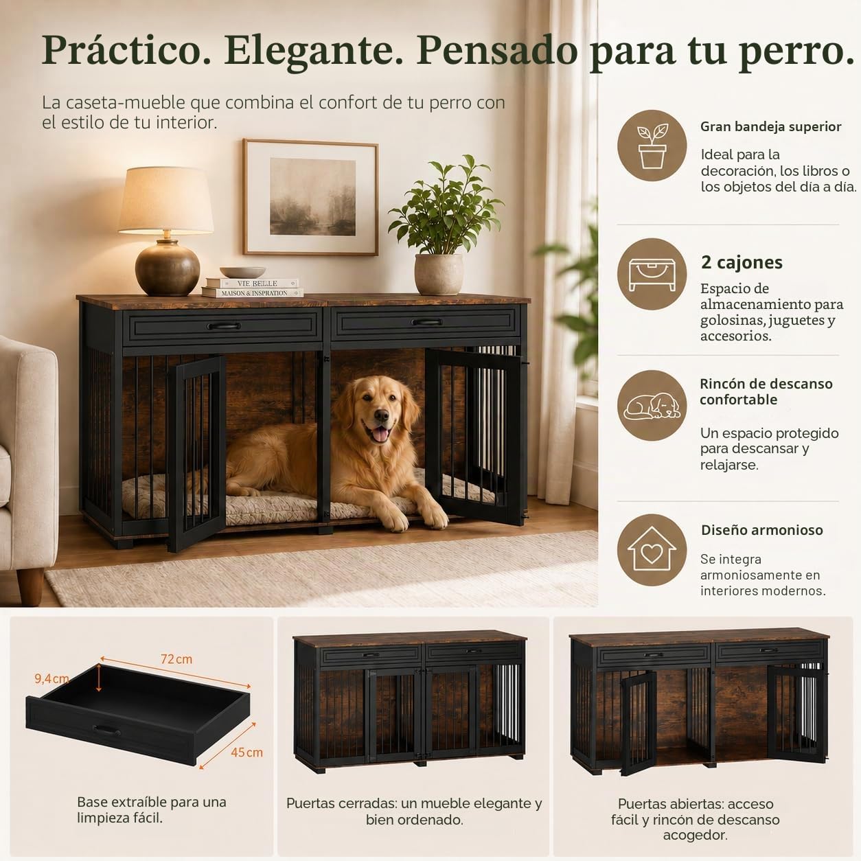 Jaula para perros XXL, jaula para perros con 2 cajones y 2 puertas, caja para perros grandes y medianos, mesa auxiliar, caseta interior, casa para perros para el hogar, negro, 164 x 60 x 80 cm, hierro