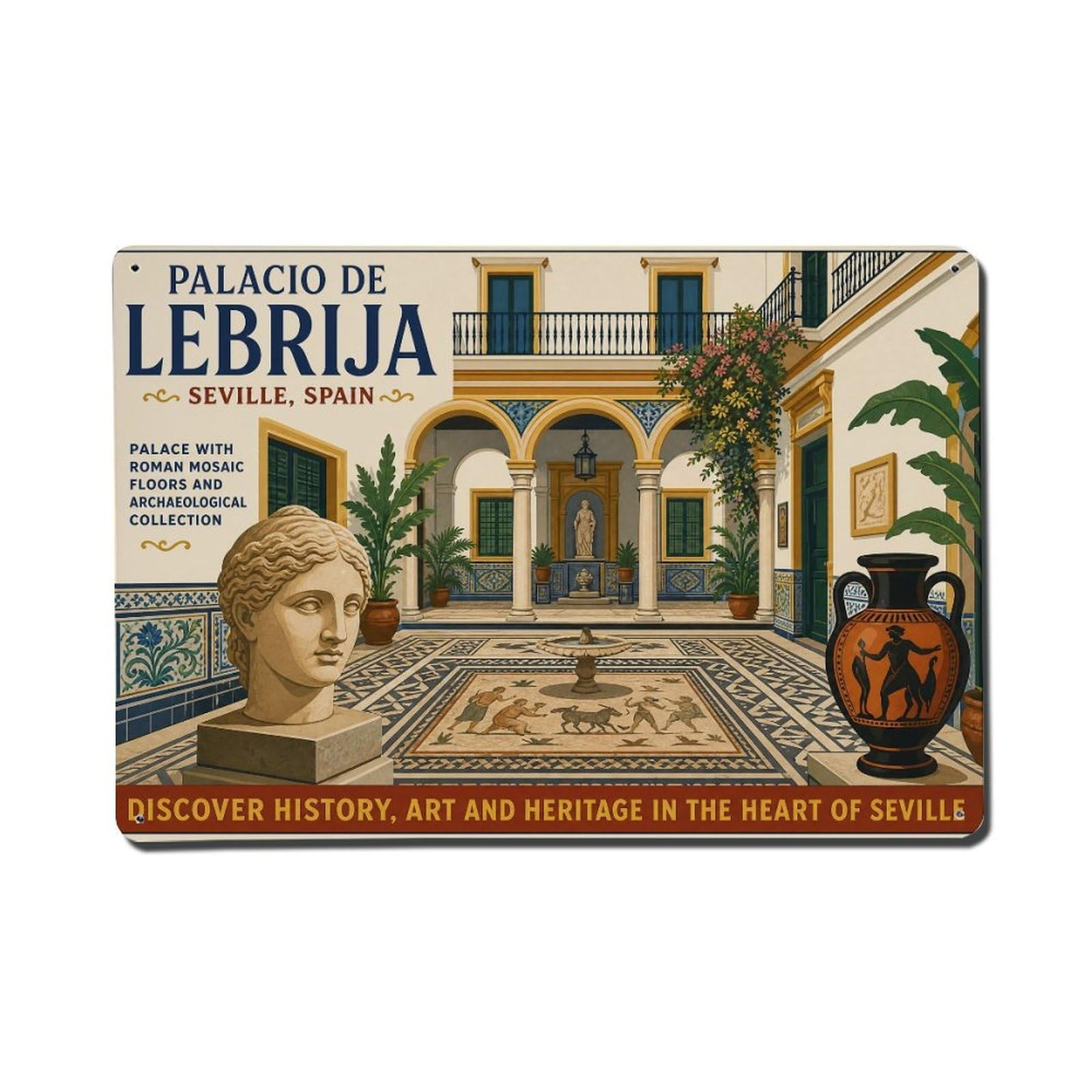 Vintage Travel Palacio Lebrija Seville Roman Mosaics Metal Tin Sign Wall Decor for Cafe, Club, Garden Metal Poster 8x12Inch