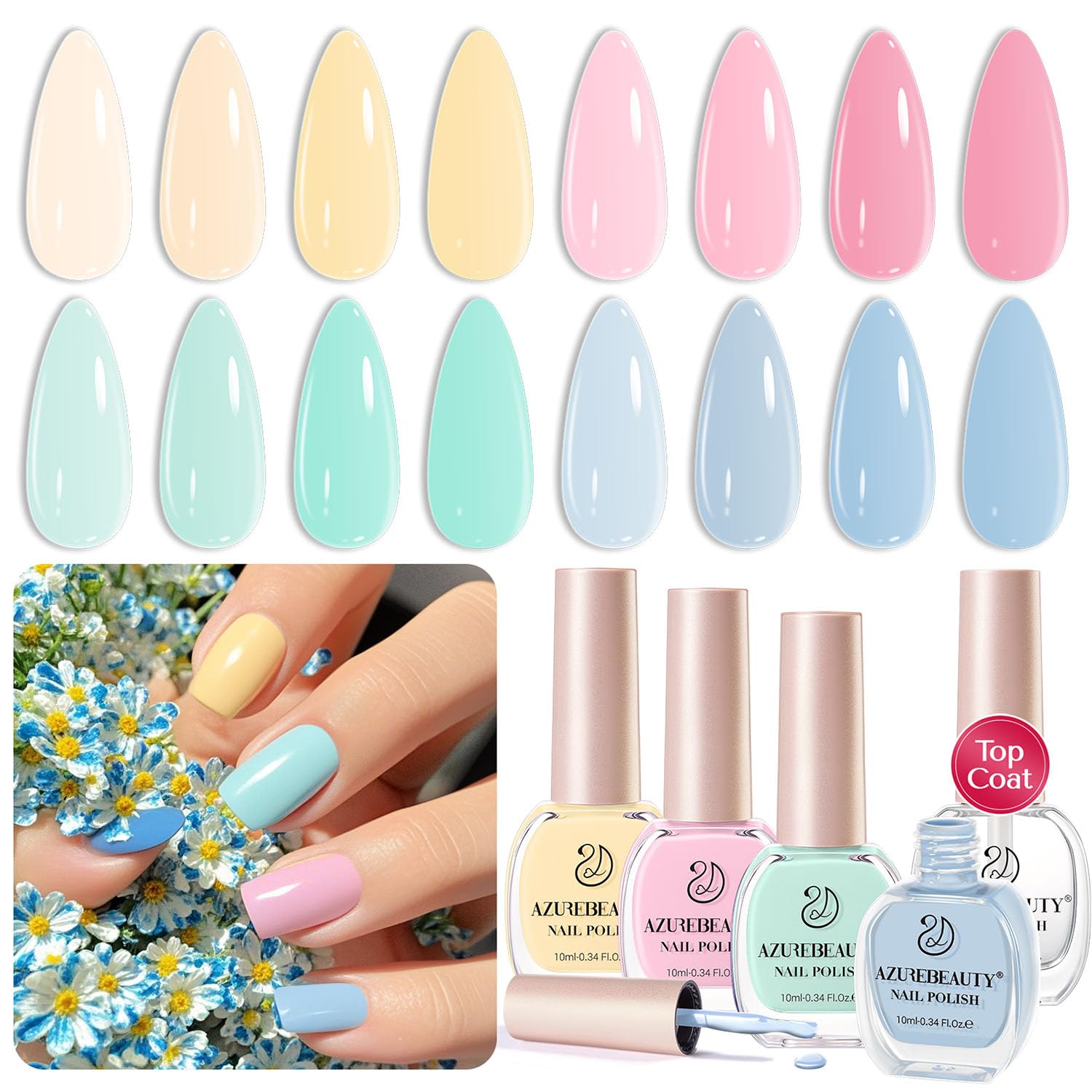 AZUREBEAUTY Nail Polish Set, 4 Colors Pastel Spring Macarons Pink Blue Green Yellow Quick Dry Natural Easter Gift Fingernail Lacquer Strengthening Kit with Top Coat DIY Salon at Home