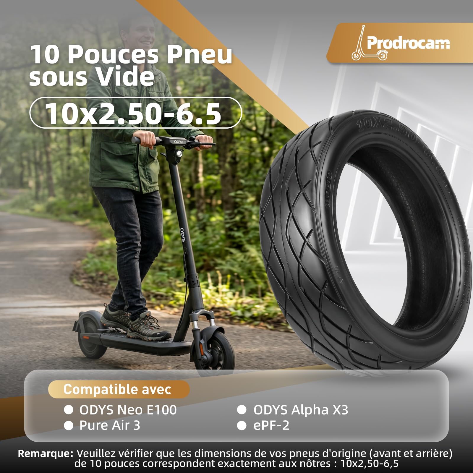 Lot de 2 pneus de scooter sans chambre à air 10 x 2,50-6,5 E - Pour scooter électrique ODYS Neo E100 - 10" - Pneu de rechange sans chambre à air - Avant et arrière - Avec valve (CHAOYANG-2